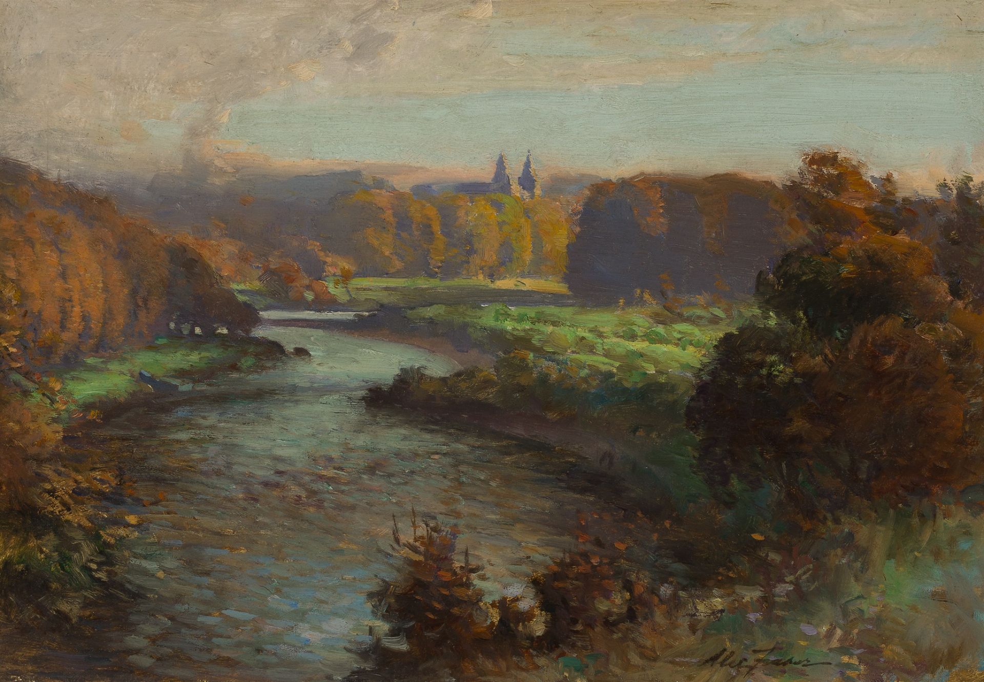 ALEXANDER (ALEC) COUTTS FRASER (SCOTTISH FL.1886-1939) AUTUMN RIVER LANDSCAPE