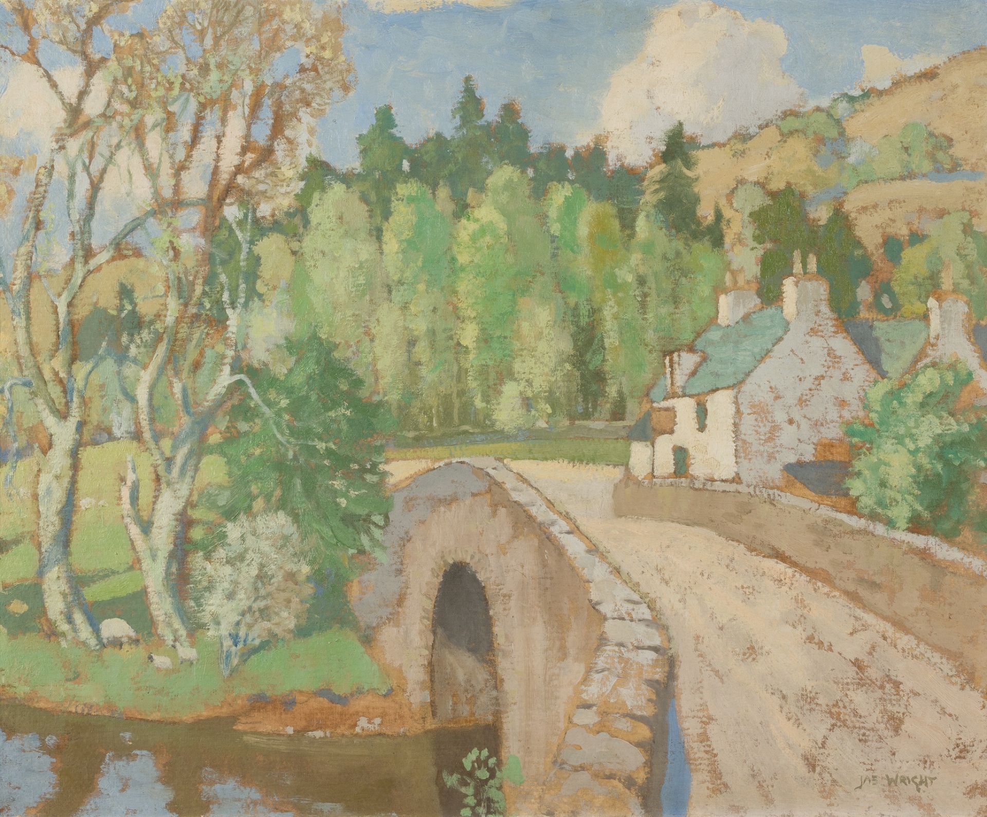 JAMES WRIGHT R.S.W. (SCOTTISH C.1885-1947) COTTAGES BY A BRIDGE