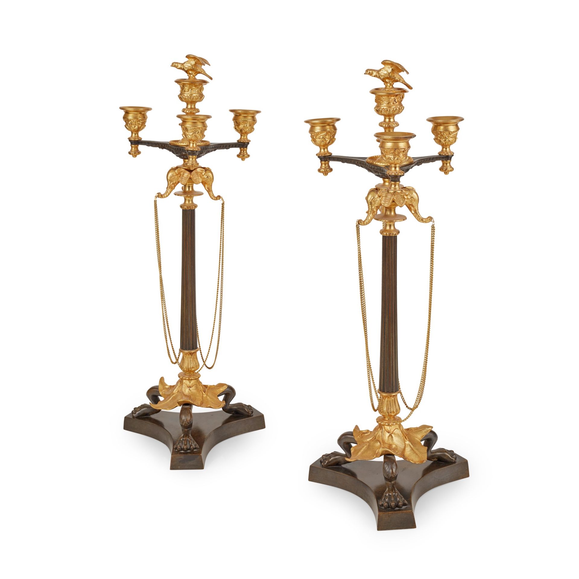 PAIR OF FRENCH GILT AND PATINATED BRONZE CANDELABRA 19TH CENTURY