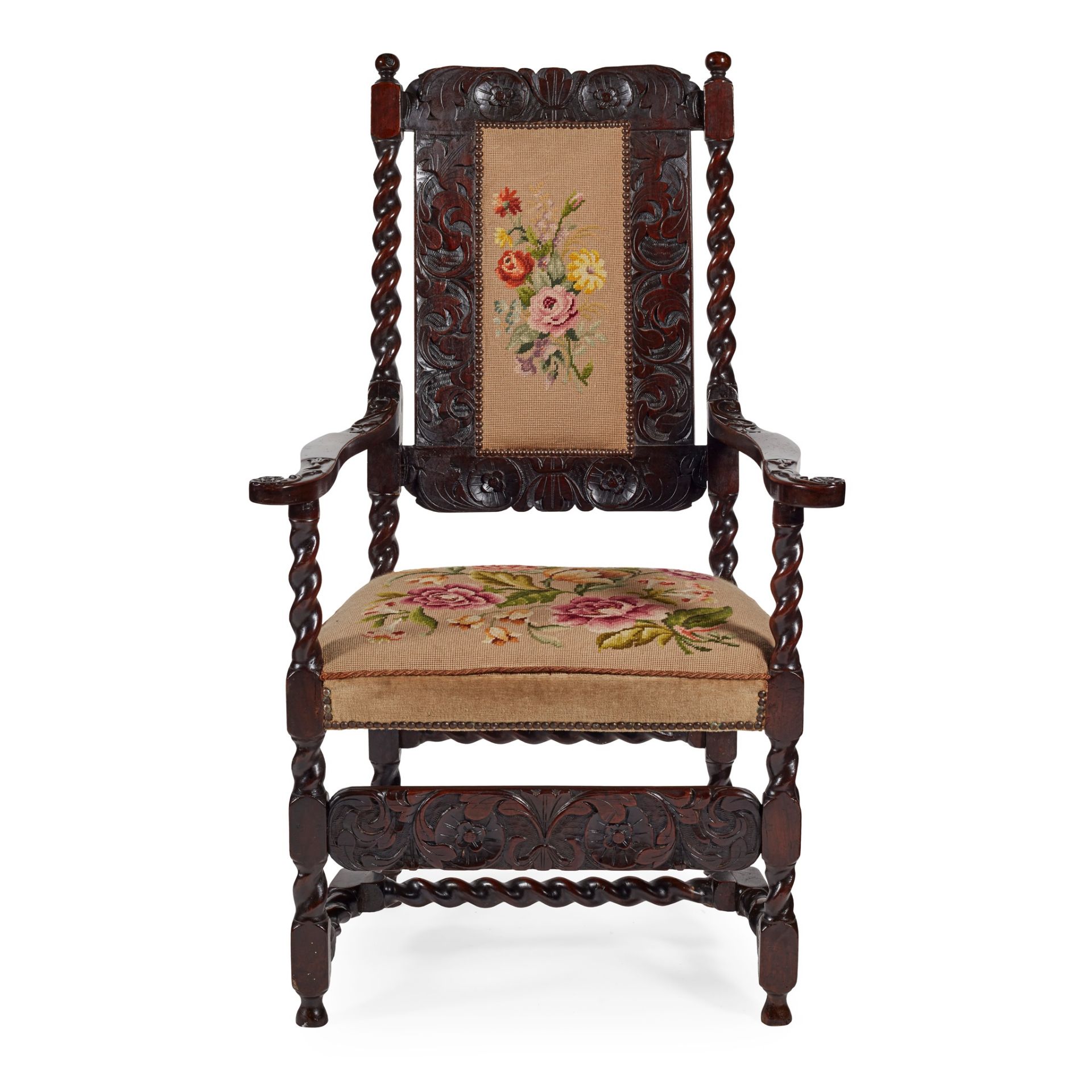 QUEEN ANNE STYLE CARVED AND STAINED OAK NEEDLEWORK ARMCHAIR 19TH CENTURY - Image 2 of 2