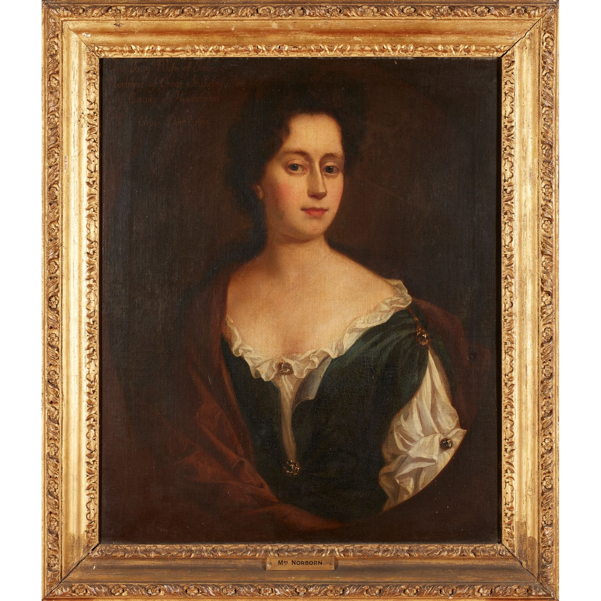 CIRCLE OF SIR GODFREY KNELLER HALF LENGTH PORTRAIT OF ISABELLA, WIFE OF JOHN NORBORN OF GREAT - Image 2 of 3