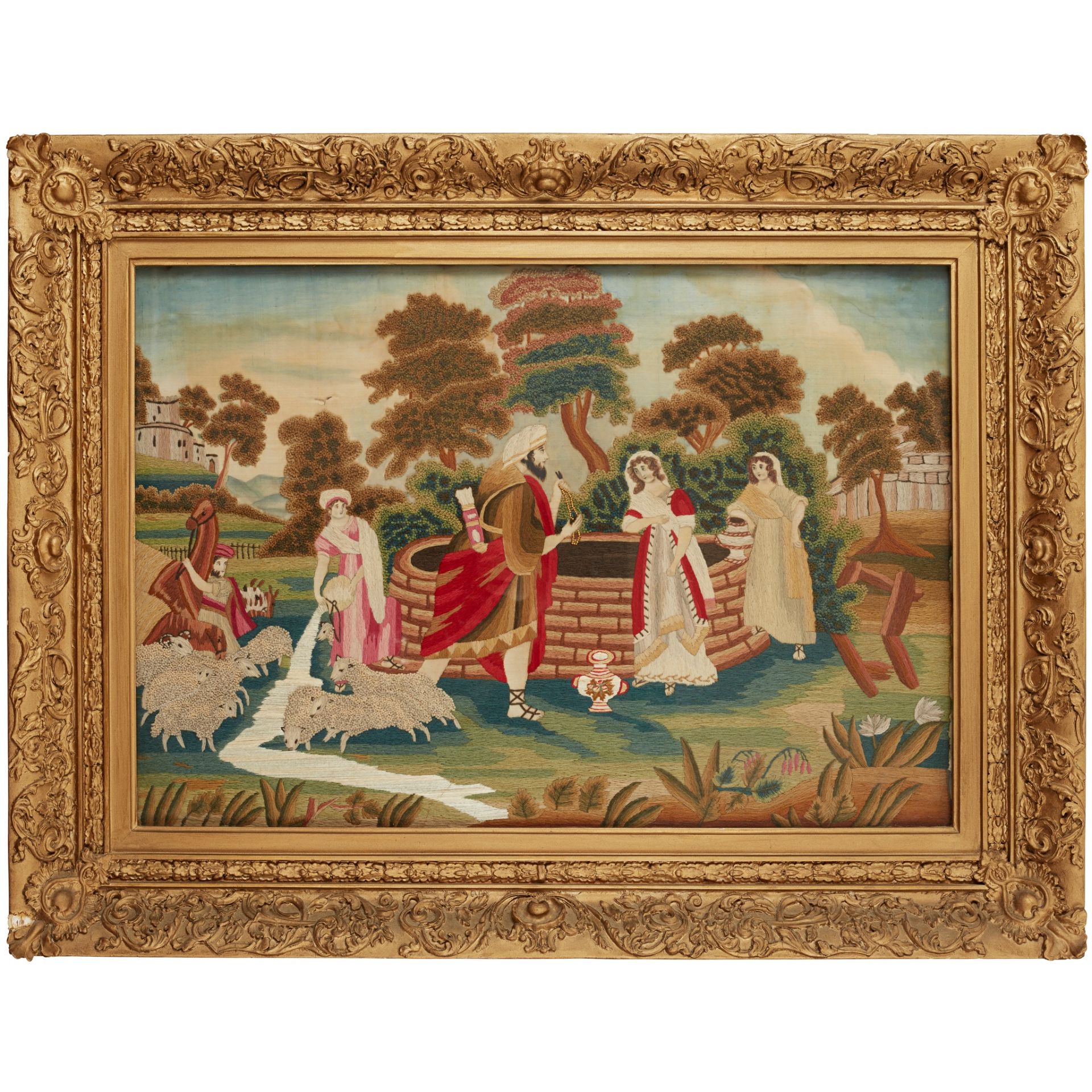 LARGE NEEDLEWORK PICTURE OF REBECCA AT THE WELL EARLY 19TH CENTURY