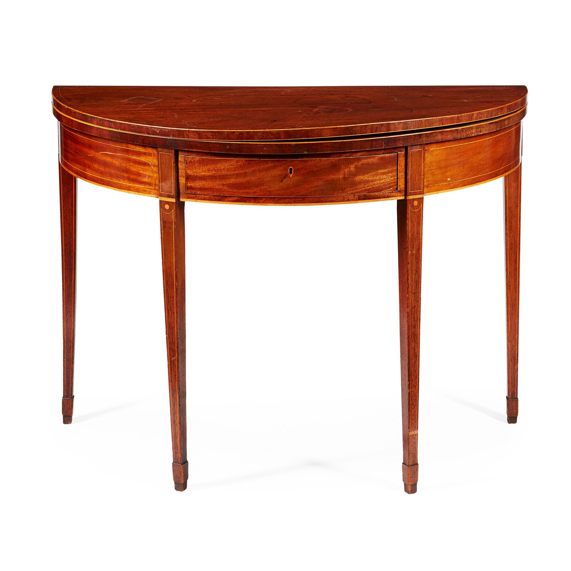 GEORGE III MAHOGANY AND BOXWOOD INLAID DEMI LUNE TEA TABLE LATE 18TH CENTURY