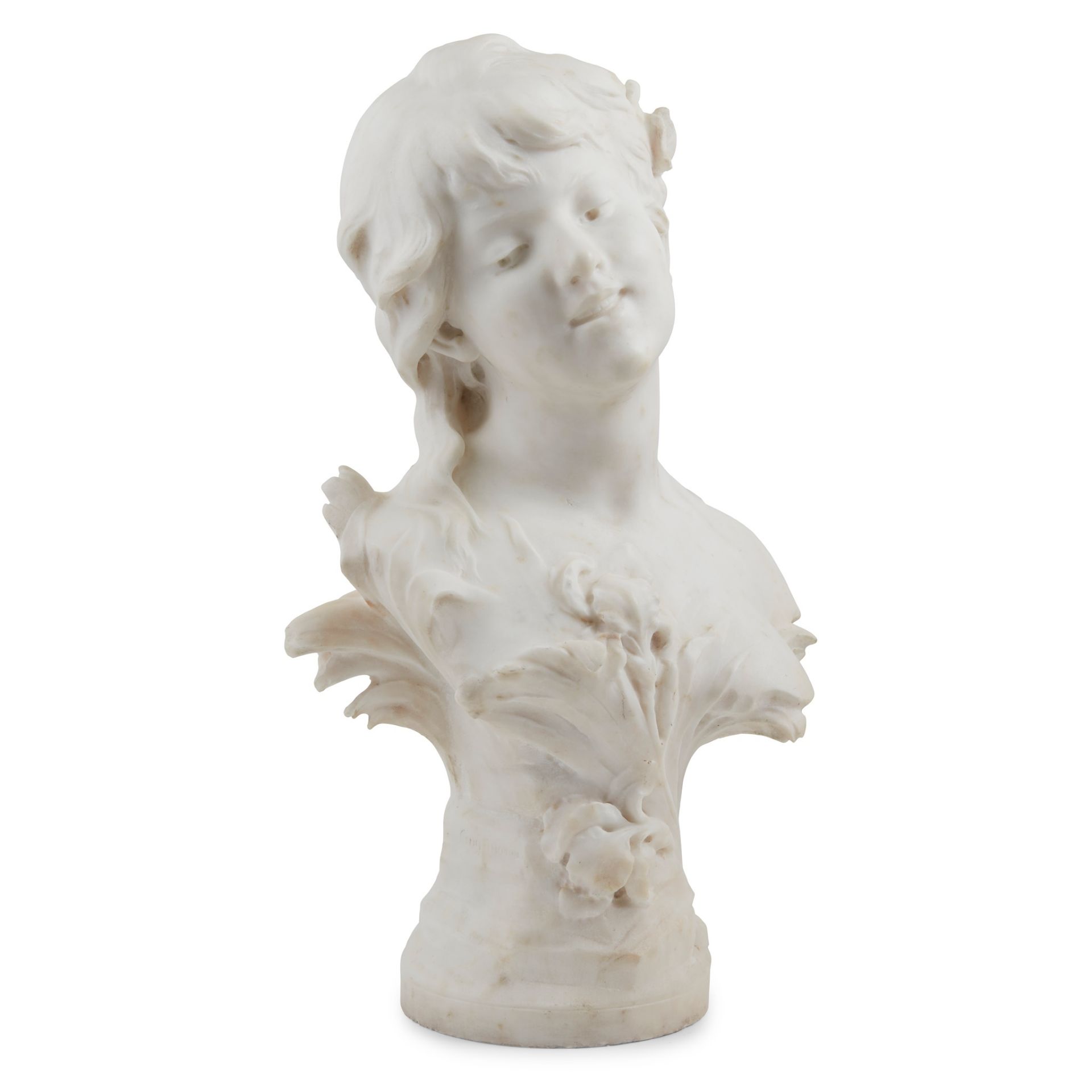 WHITE MARBLE BUST OF A YOUNG LADY, AFTER AUGUSTE MOREAU 19TH CENTURY