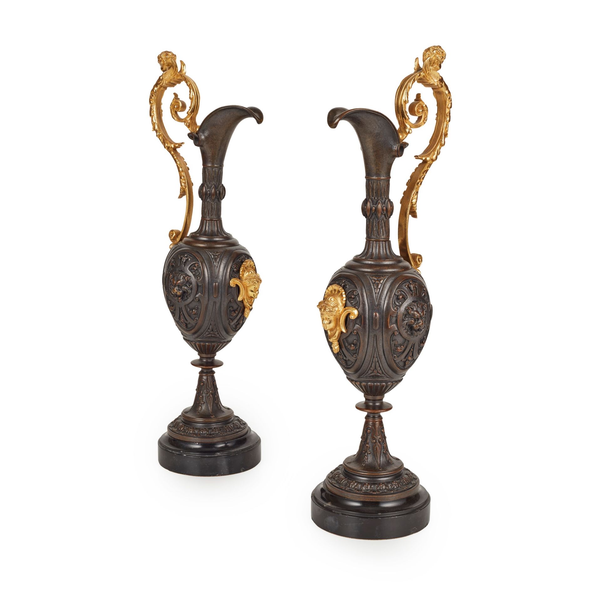 PAIR OF RENAISSANCE STYLE PATINATED AND GILT BRONZE EWERS 20TH CENTURY