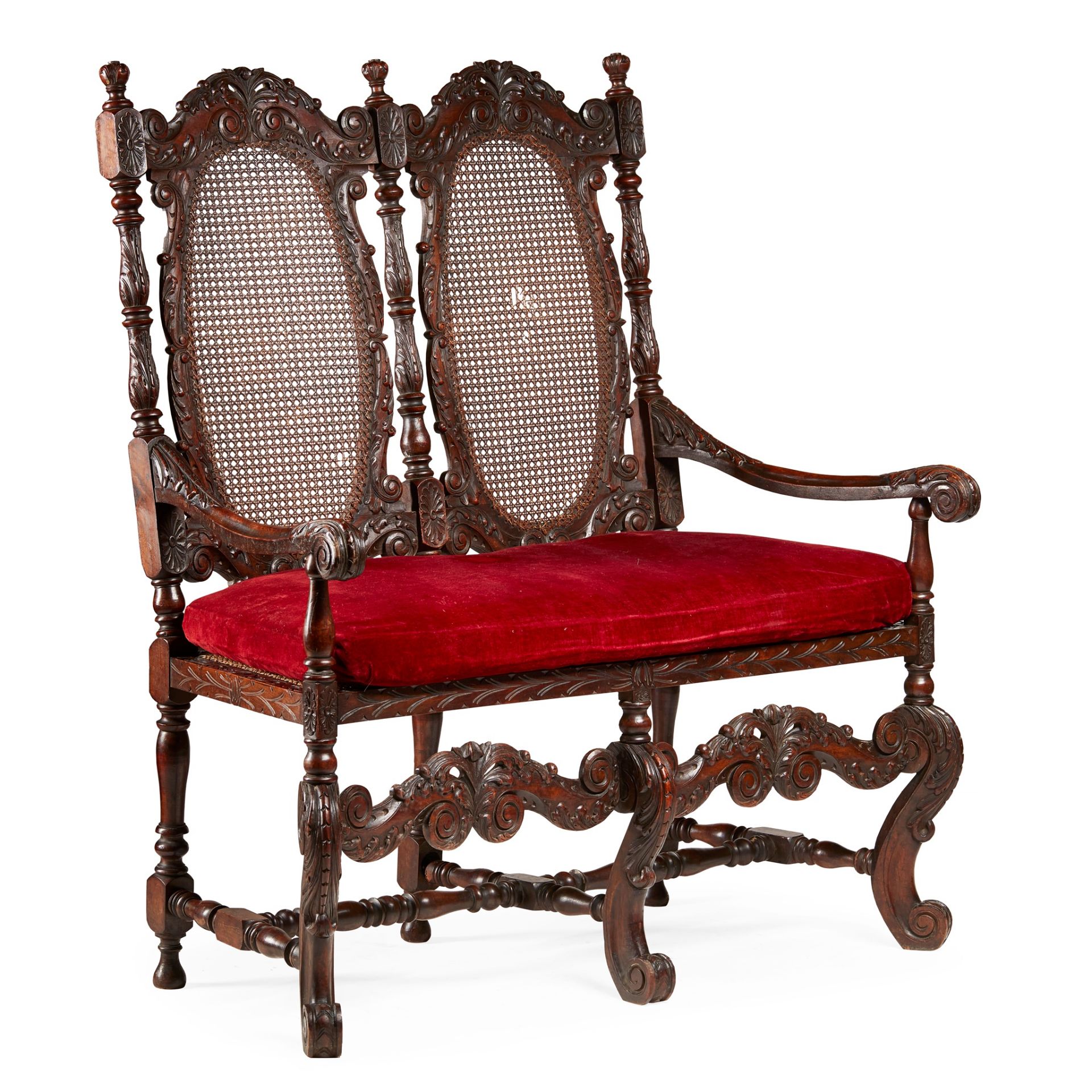 WILLIAM AND MARY STYLE WALNUT AND CANED HALL SEAT 19TH CENTURY