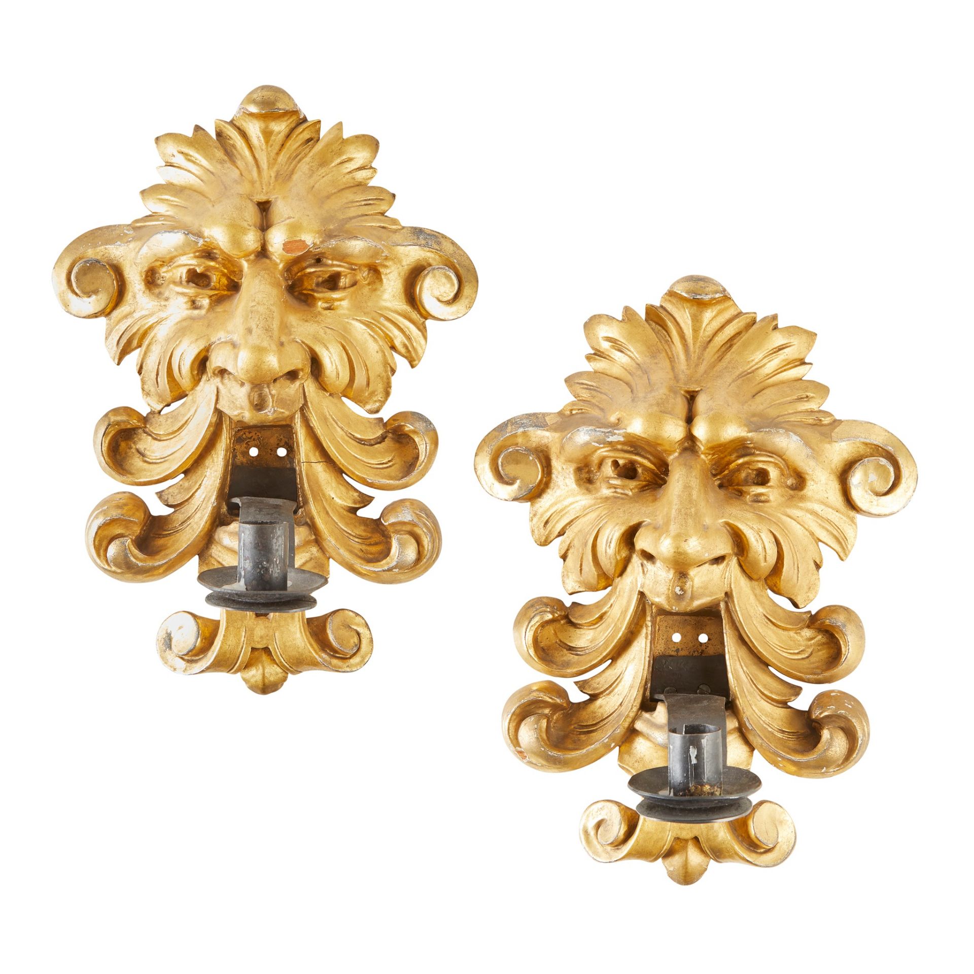 PAIR OF CONTINENTAL CARVED GILTWOOD 'GREEN MAN' SCONCES 19TH CENTURY