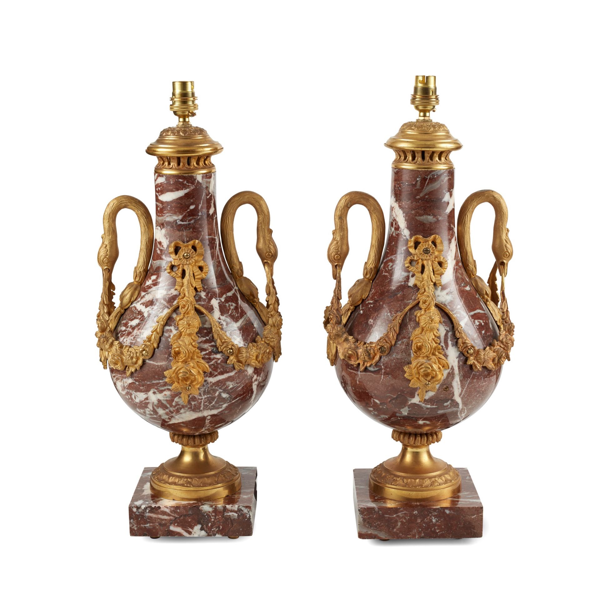 PAIR OF LOUIS XVI STYLE ROUGE MARBLE AND GILT METAL MOUNTED LAMPS LATE 19TH/ EARLY 20TH CENTURY
