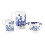 THREE PIECES ENGLISH BLUE AND WHITE PORCELAIN 18TH CENTURY