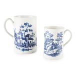 TWO WORCESTER PORCELAIN BLUE AND WHITE TANKARDS 18TH CENTURY