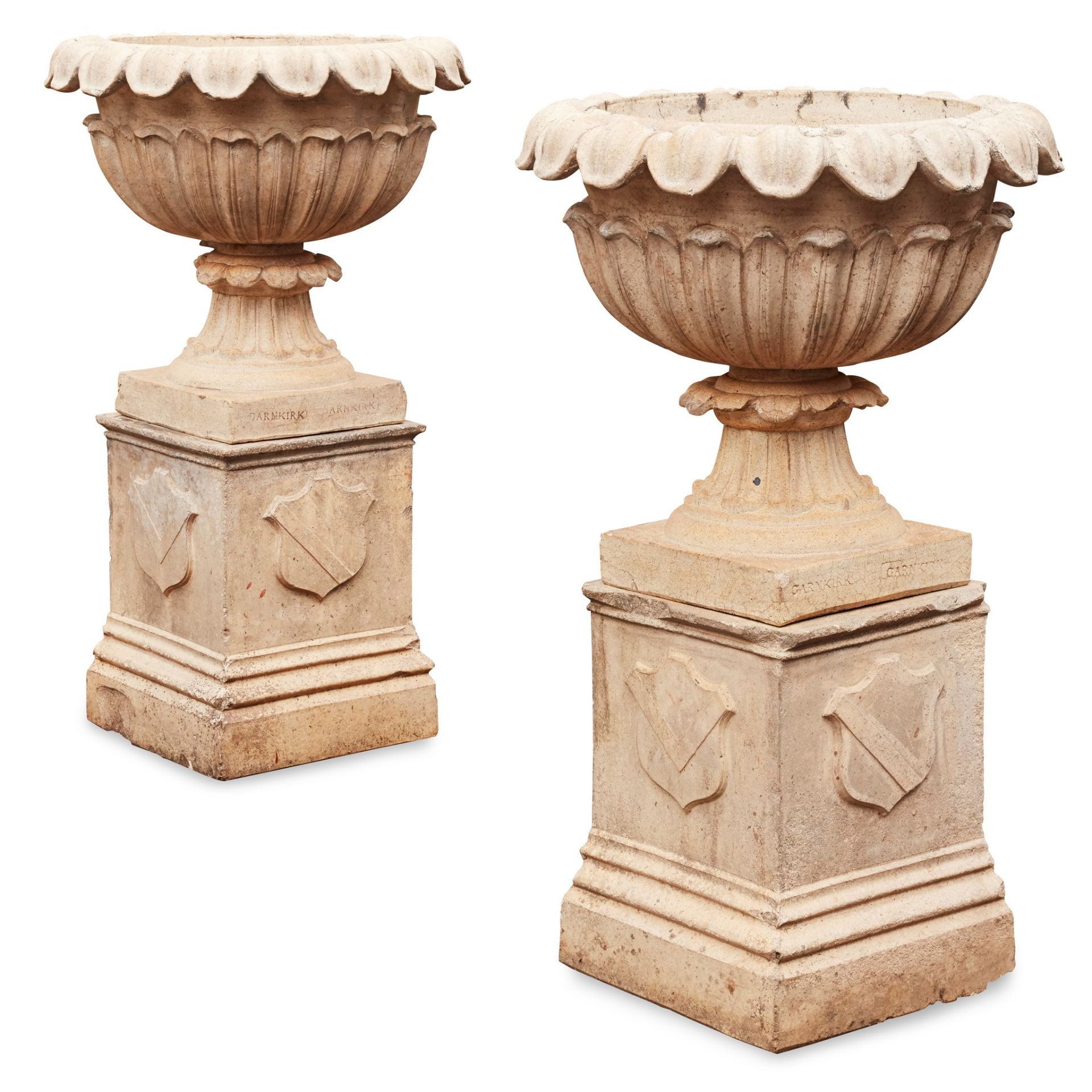 PAIR OF LARGE GARNKIRK FIRECLAY GARDEN URNS AND PLINTHS 19TH CENTURY