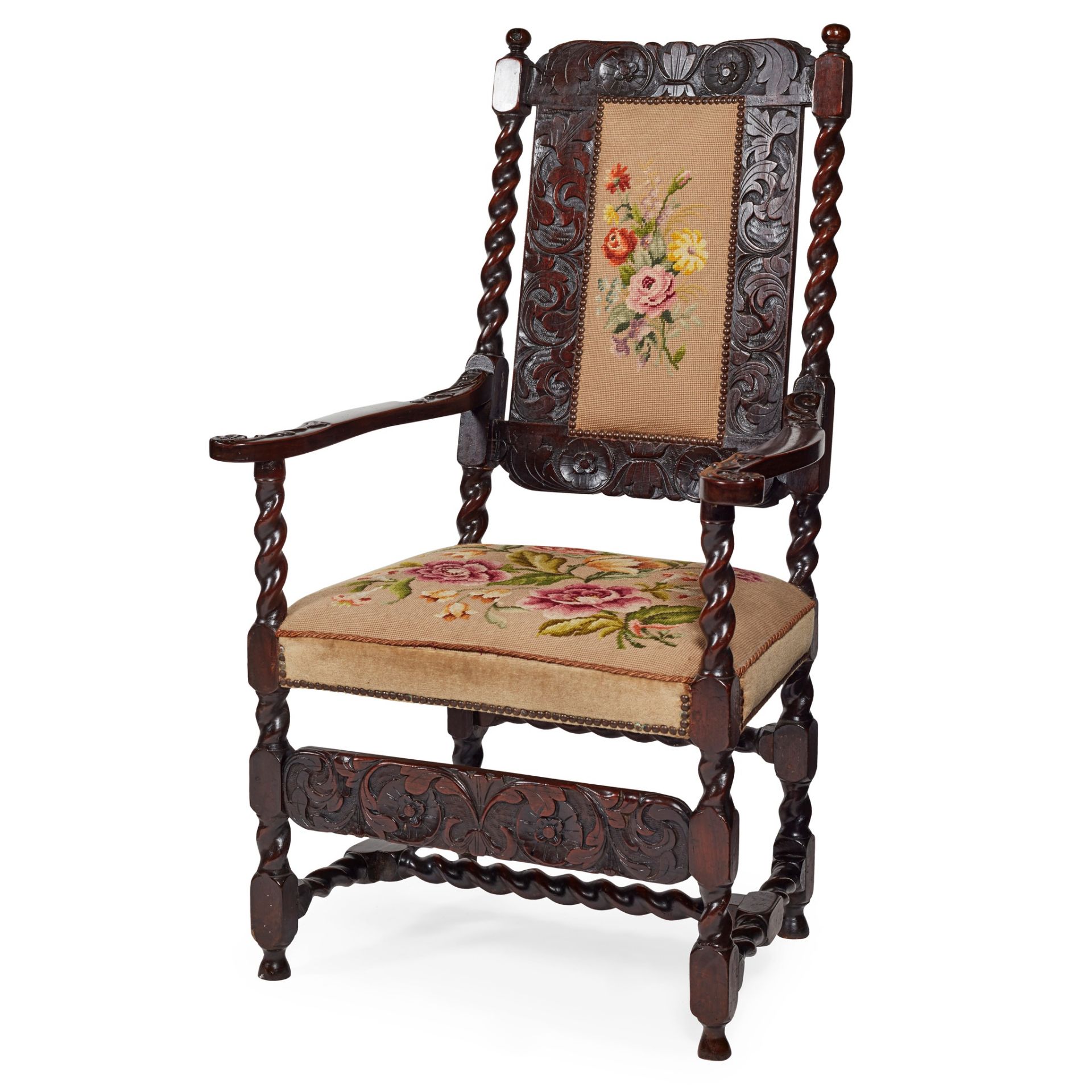 QUEEN ANNE STYLE CARVED AND STAINED OAK NEEDLEWORK ARMCHAIR 19TH CENTURY