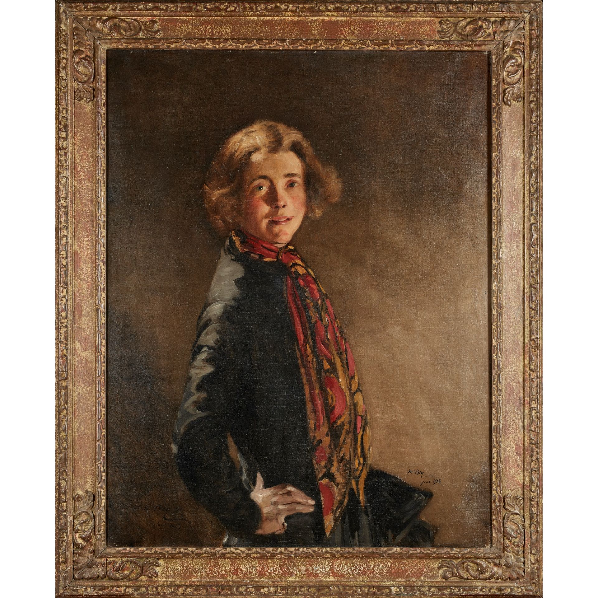 § JAMES MCBEY (SCOTTISH 1883-1959) PORTRAIT OF MRS ELIZABETH GRANT MURRAY "THE RED SCARF" - Image 2 of 3