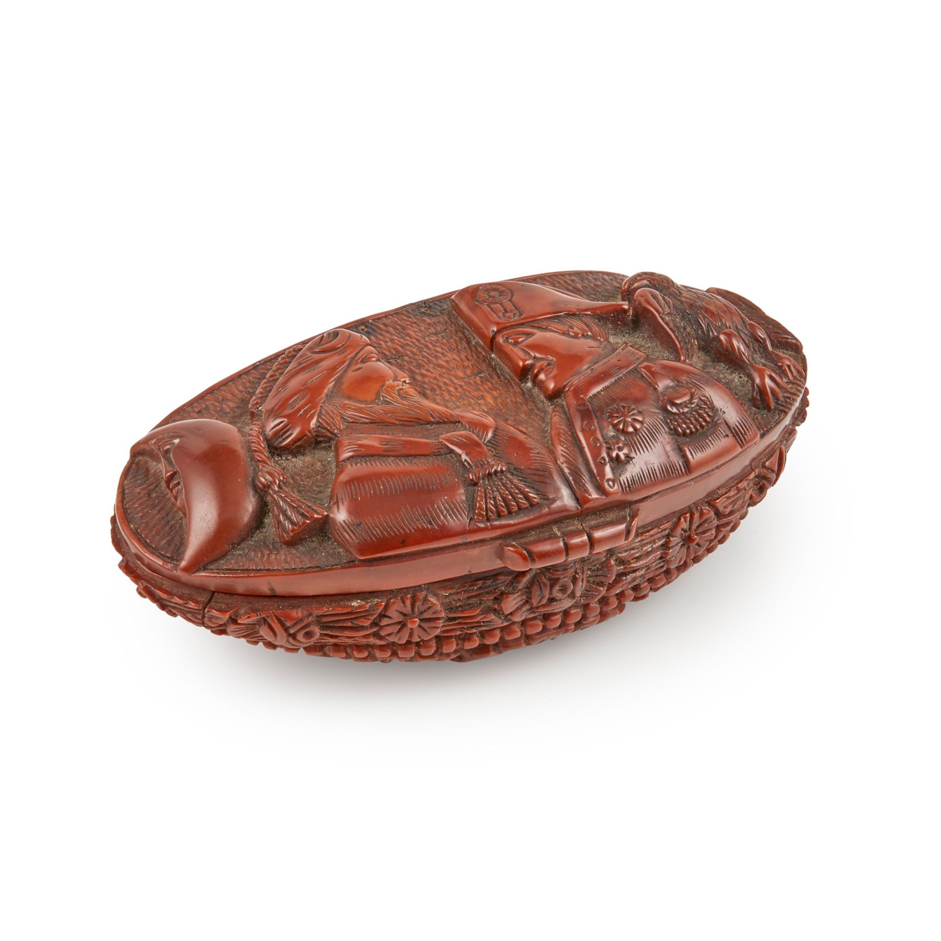 CARVED COQUILLA NUT SNUFF BOX, COMMEMORATING THE FRANCO-OTTOMAN ALLIANCE 18TH CENTURY