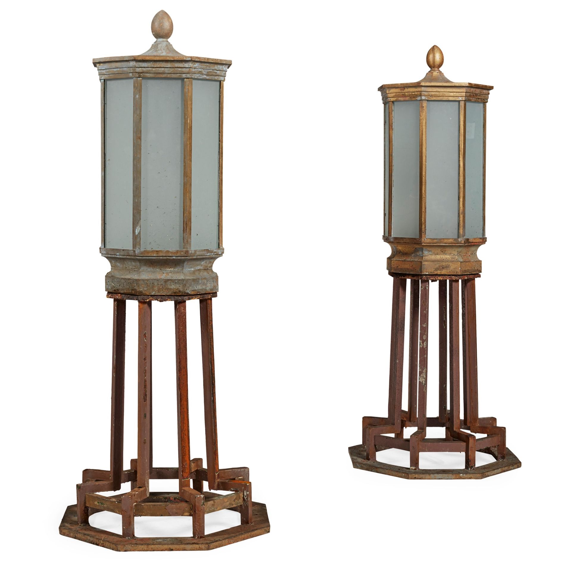 PAIR OF LARGE OCTAGONAL BRONZE AND GLASS GATE POST LANTERNS LATE 19TH CENTURY