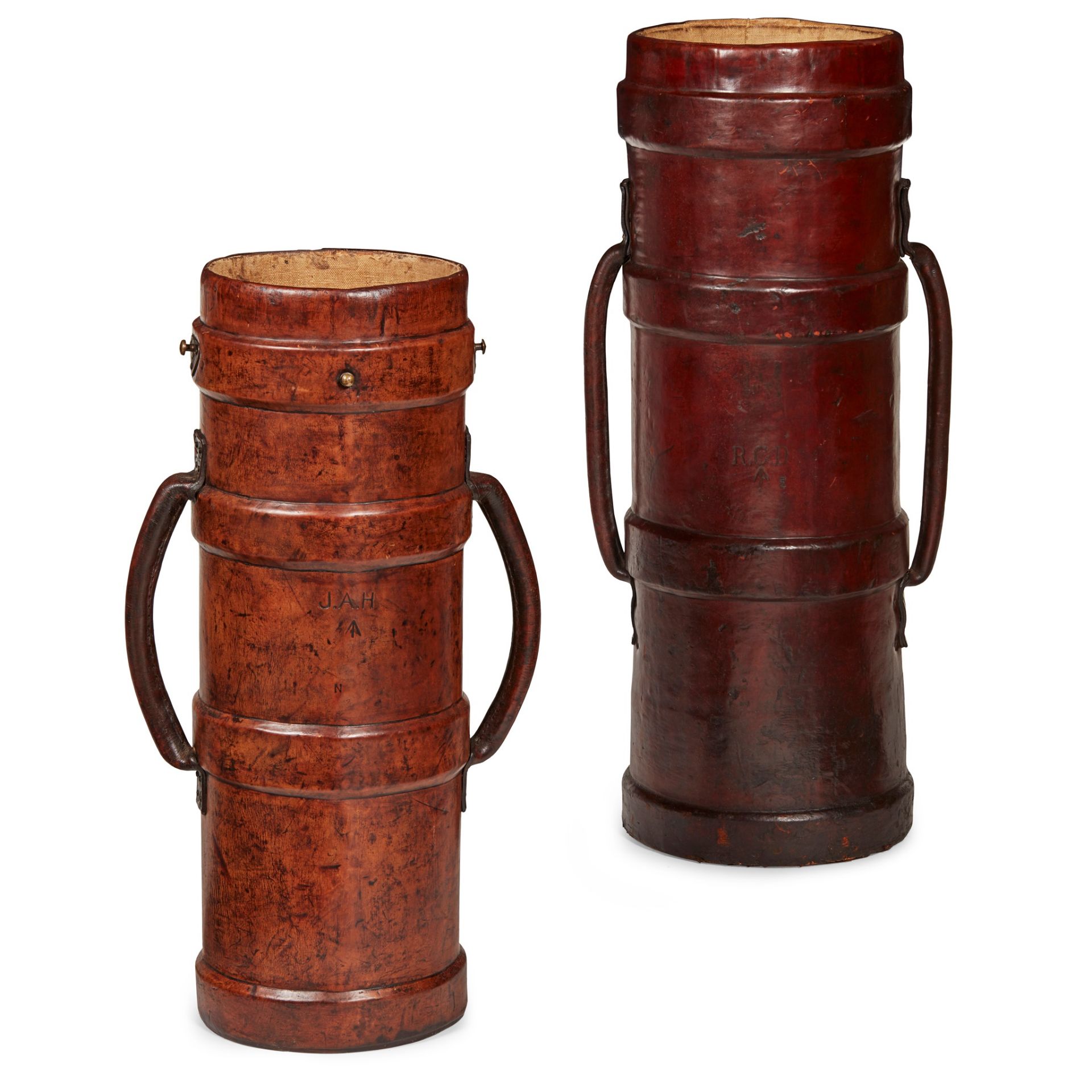 TWO LARGE LEATHER COVERED CORDITE CASES EARLY 20TH CENTURY