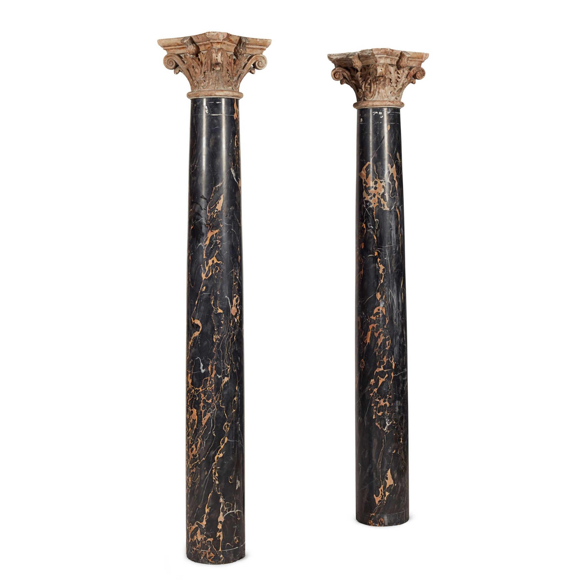 PAIR OF PORTORO AND WHITE MARBLE COLUMNS EARLY 19TH CENTURY