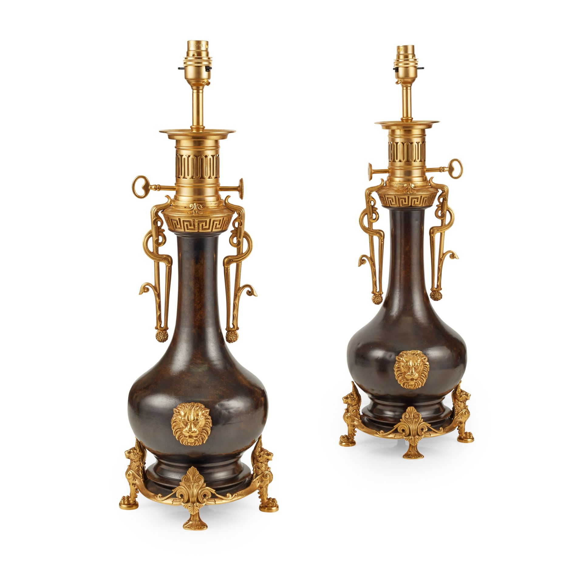 PAIR OF FRENCH GILT AND PATINATED BRONZE MODERATOR LAMPS 19TH CENTURY