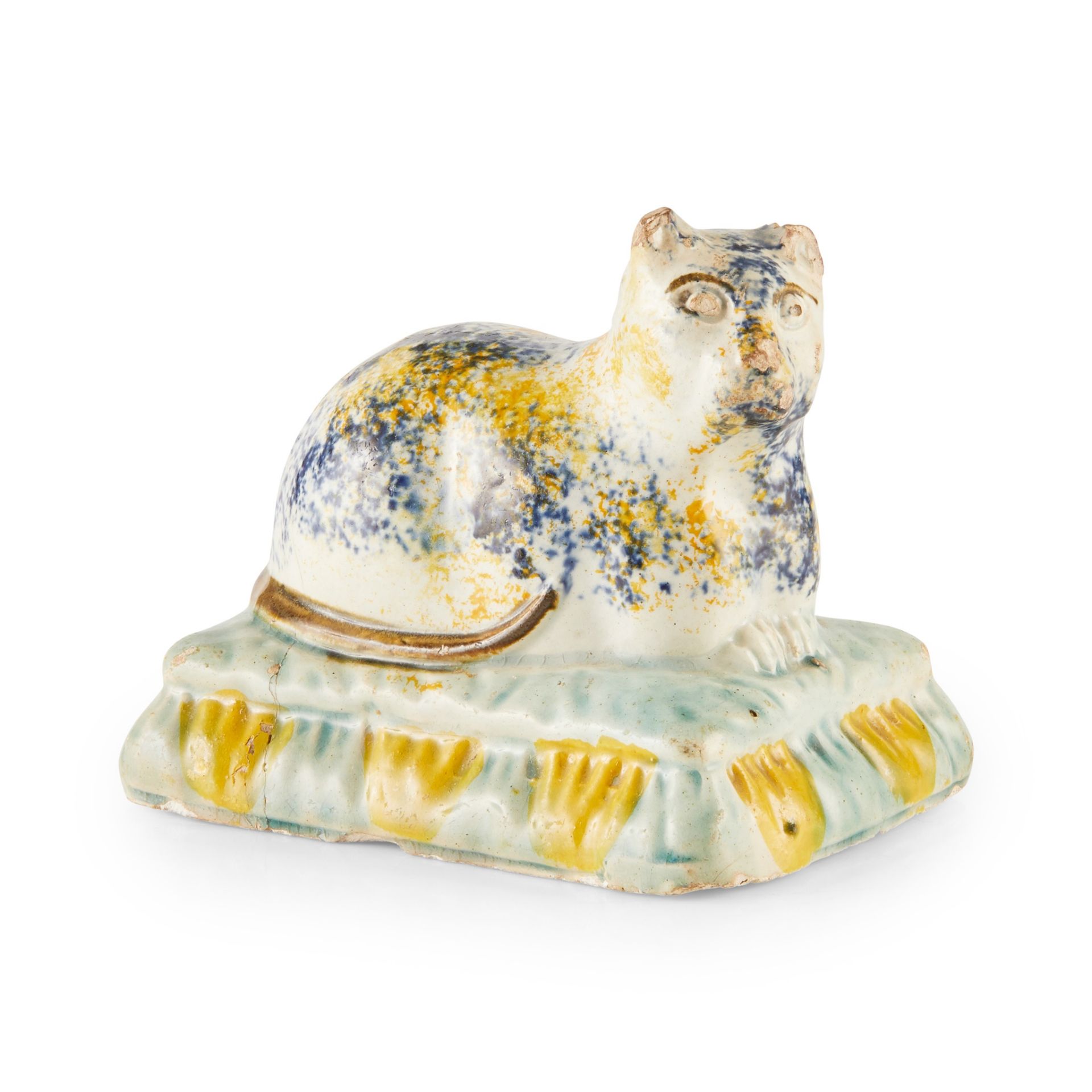 PRATTWARE FIGURE OF A CAT ON A CUSHION 19TH CENTURY