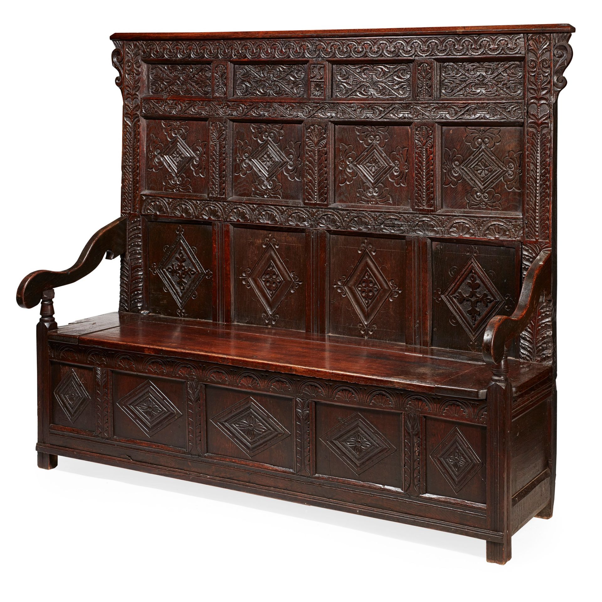 OAK CARVED PANELLED SETTLE 17TH CENTURY