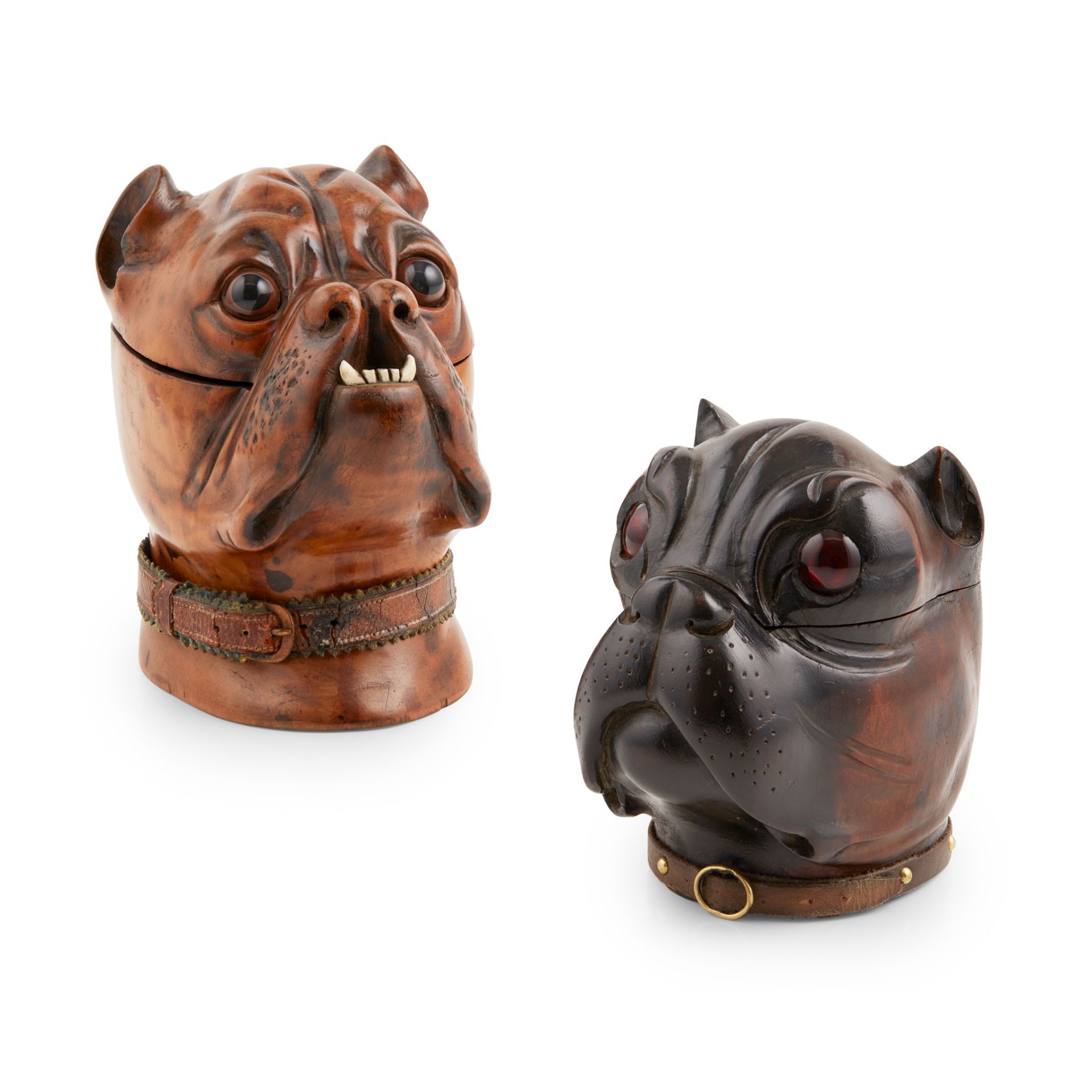 TWO CARVED NOVELTY BOXER DOG INKWELLS LATE 19TH CENTURY