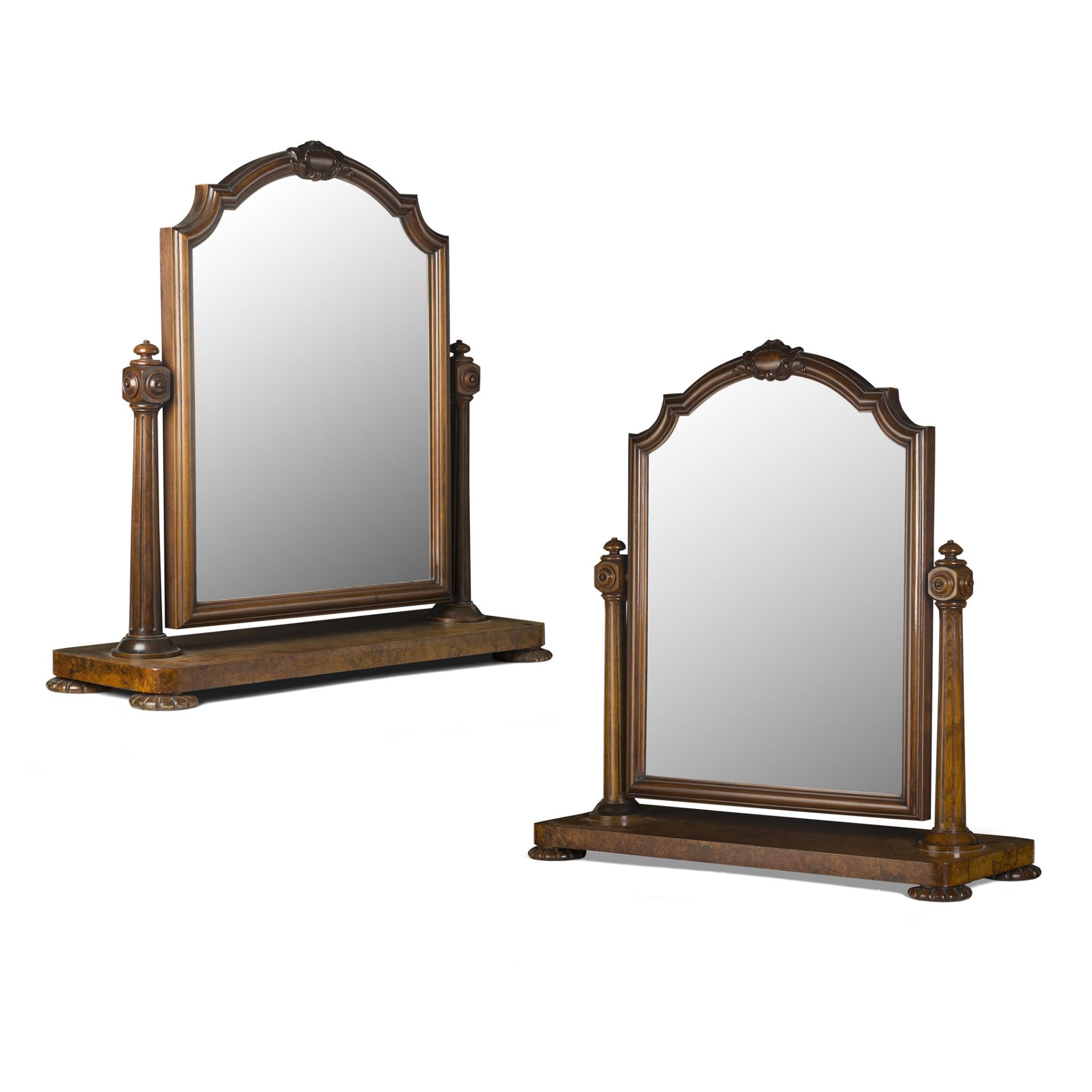 PAIR OF EARLY VICTORIAN BURR WALNUT TOILET MIRRORS MID-19TH CENTURY