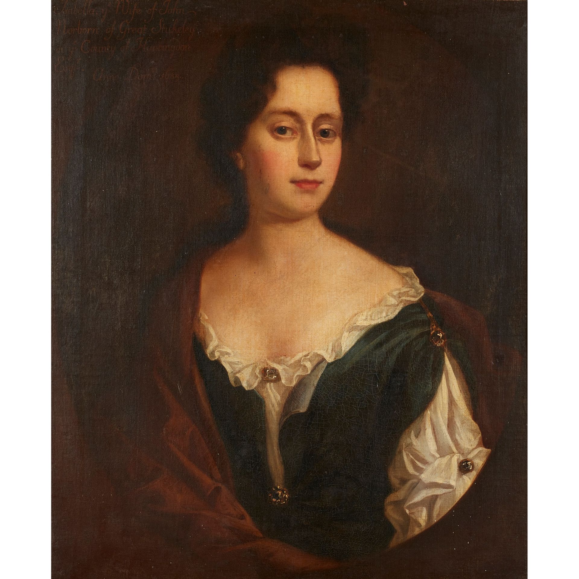 CIRCLE OF SIR GODFREY KNELLER HALF LENGTH PORTRAIT OF ISABELLA, WIFE OF JOHN NORBORN OF GREAT