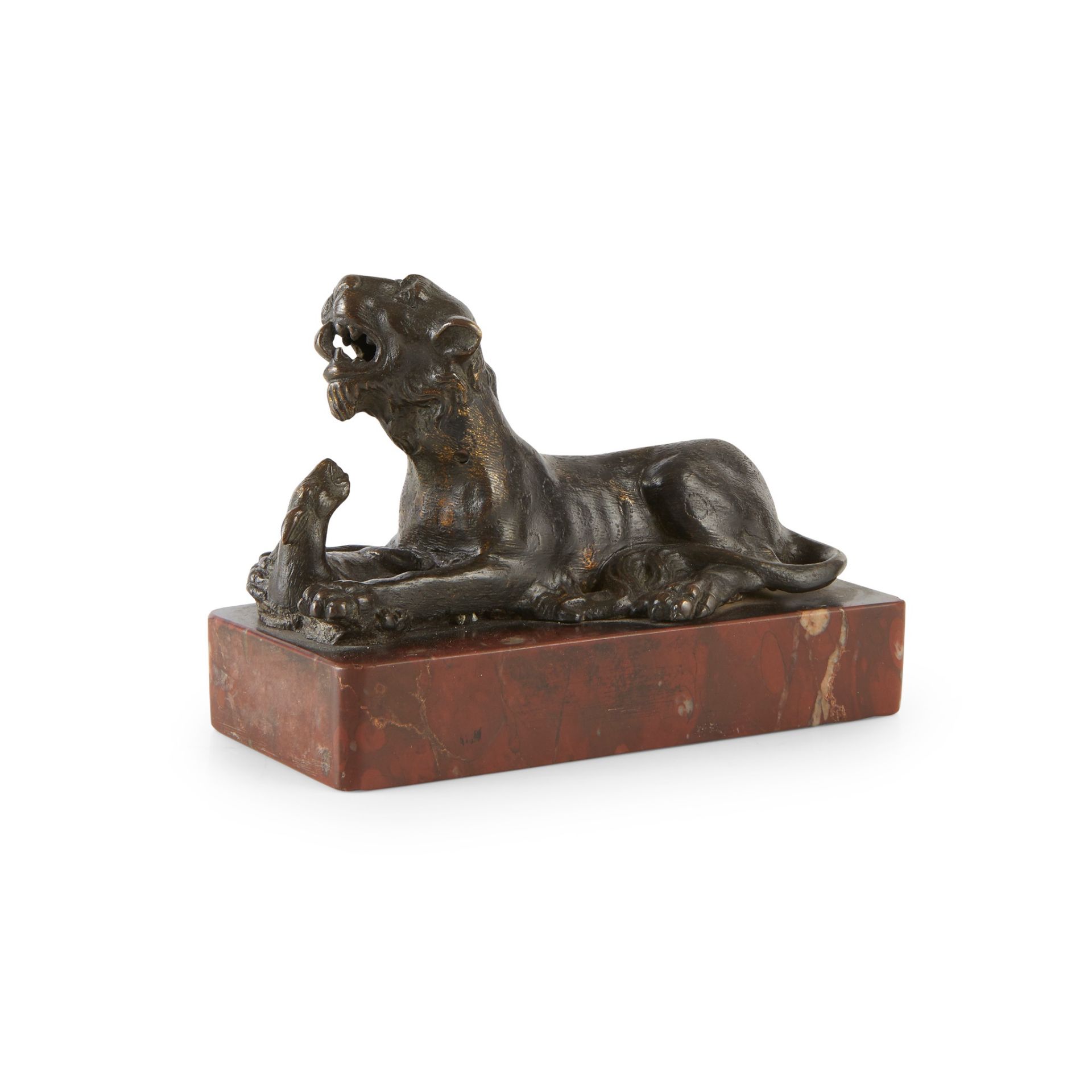 NORTH ITALY BRONZE FIGURE OF A PANTHER ATTACKING A HARE 16TH CENTURY