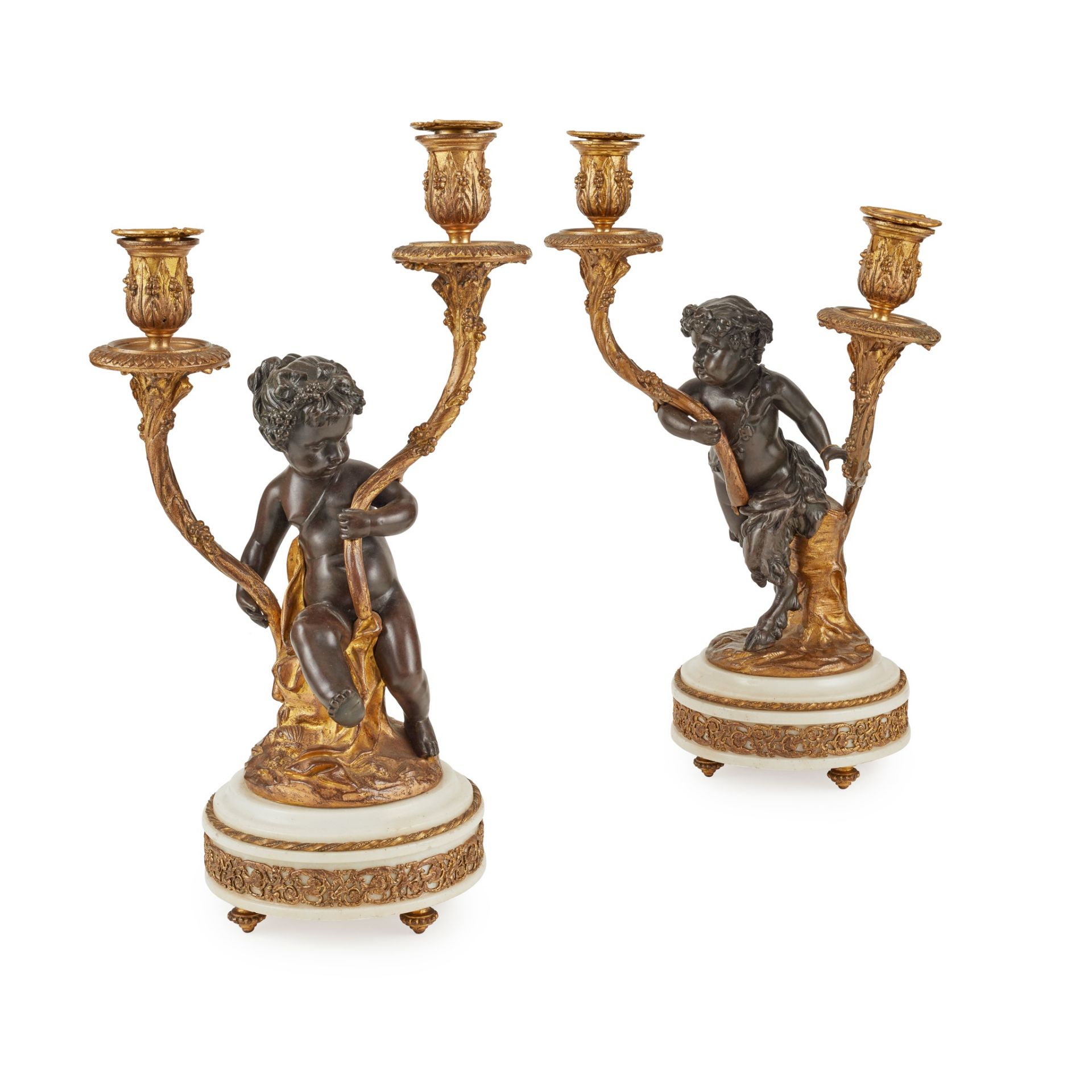 PAIR OF FRENCH GILT AND PATINATED BRONZE FIGURAL CANDELABRA, AFTER CLODION 19TH CENTURY