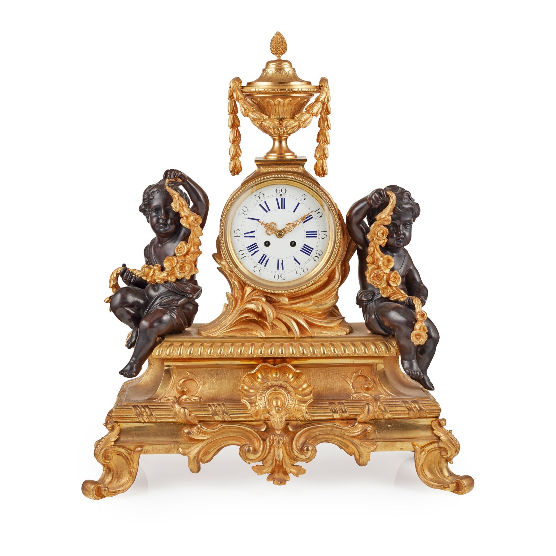 LARGE FRENCH GILT AND PATINATED BRONZE MANTEL CLOCK 19TH CENTURY