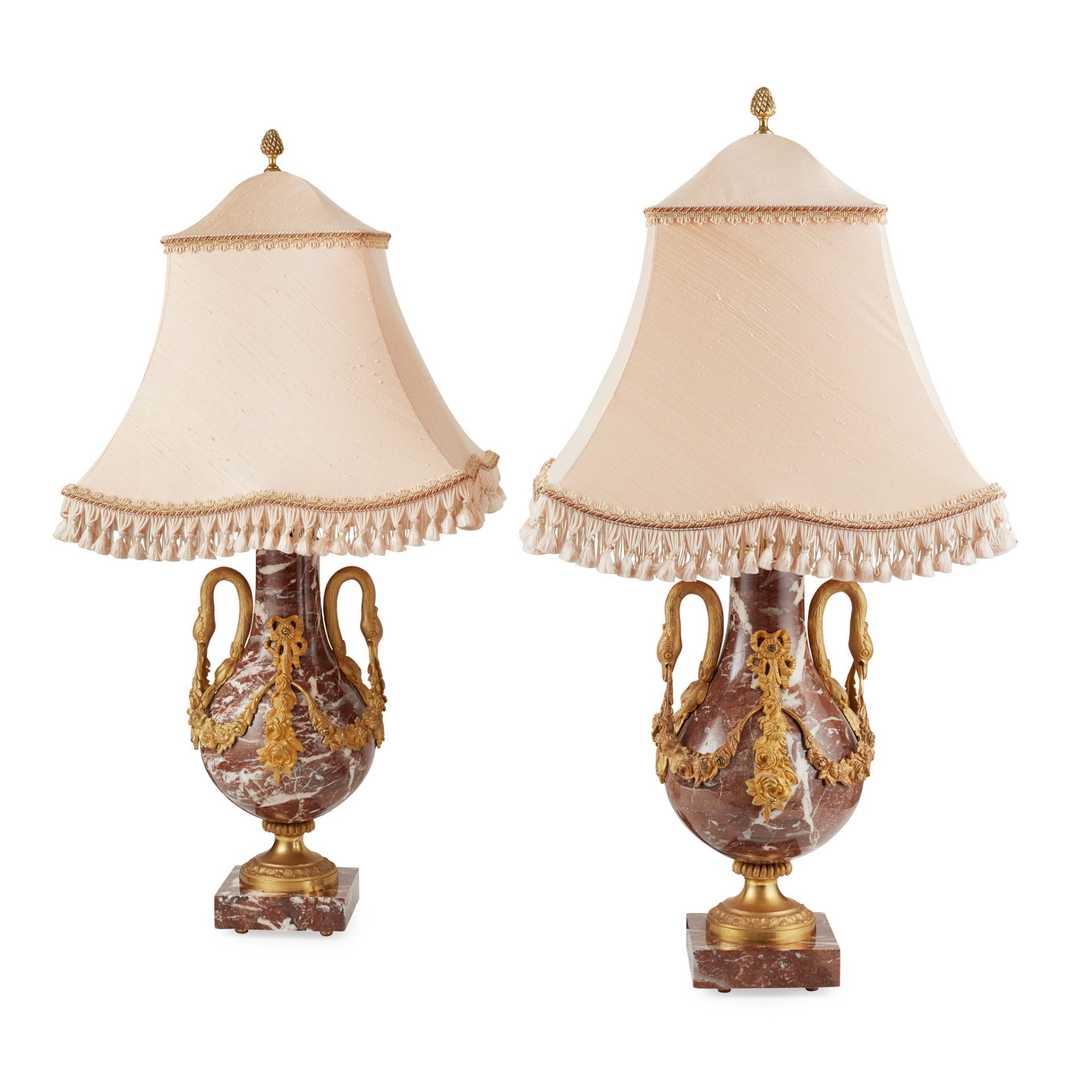PAIR OF LOUIS XVI STYLE ROUGE MARBLE AND GILT METAL MOUNTED LAMPS LATE 19TH/ EARLY 20TH CENTURY - Image 2 of 2