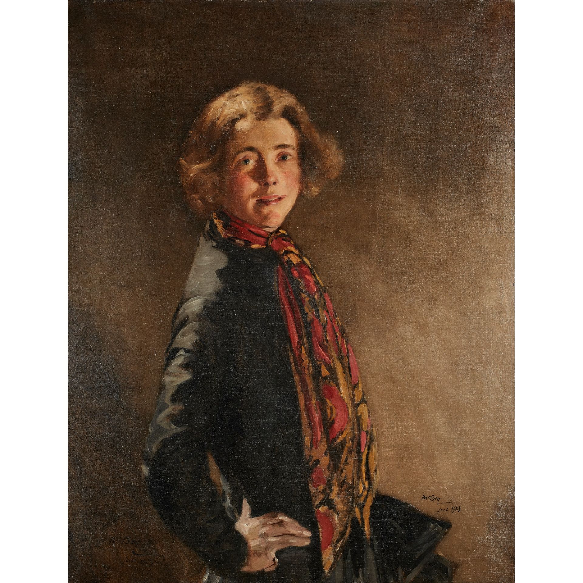 § JAMES MCBEY (SCOTTISH 1883-1959) PORTRAIT OF MRS ELIZABETH GRANT MURRAY "THE RED SCARF"