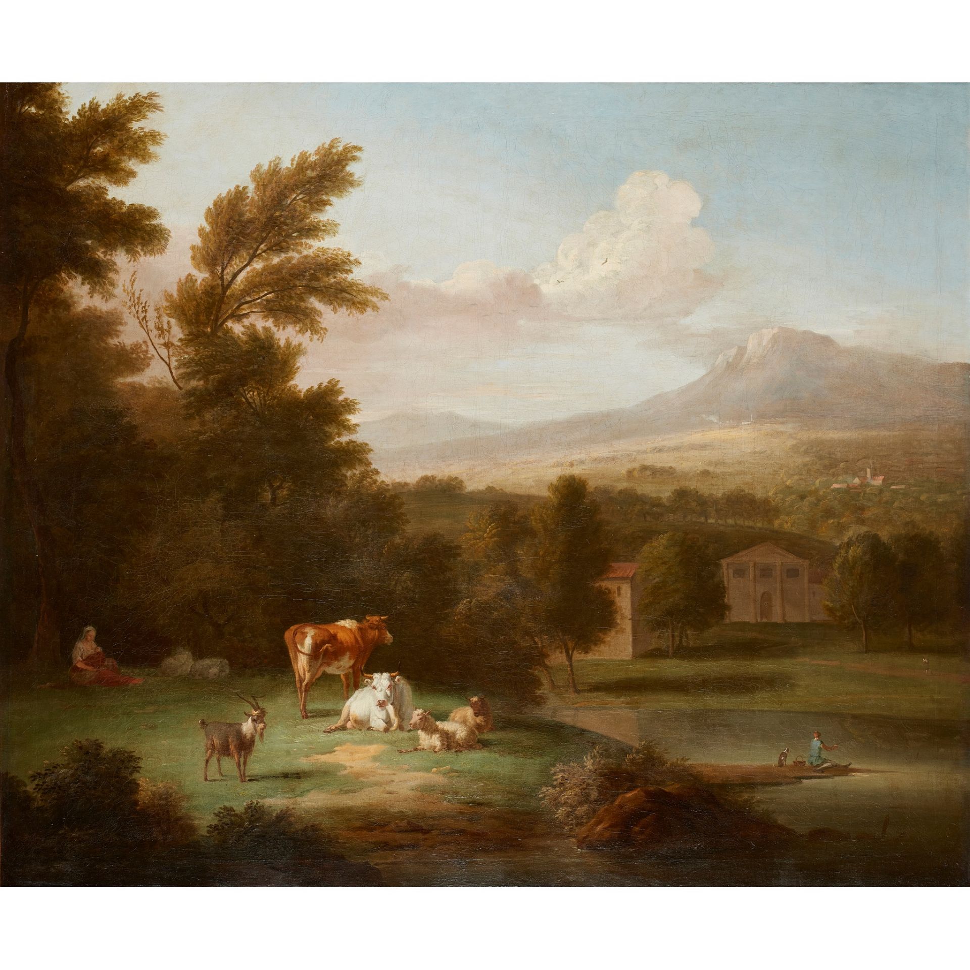 CHARLES CATTON THE ELDER R.A (BRITISH 1728-1798) AN ITALIANATE LANDSCAPE WITH SHEPHERDESS TENDING