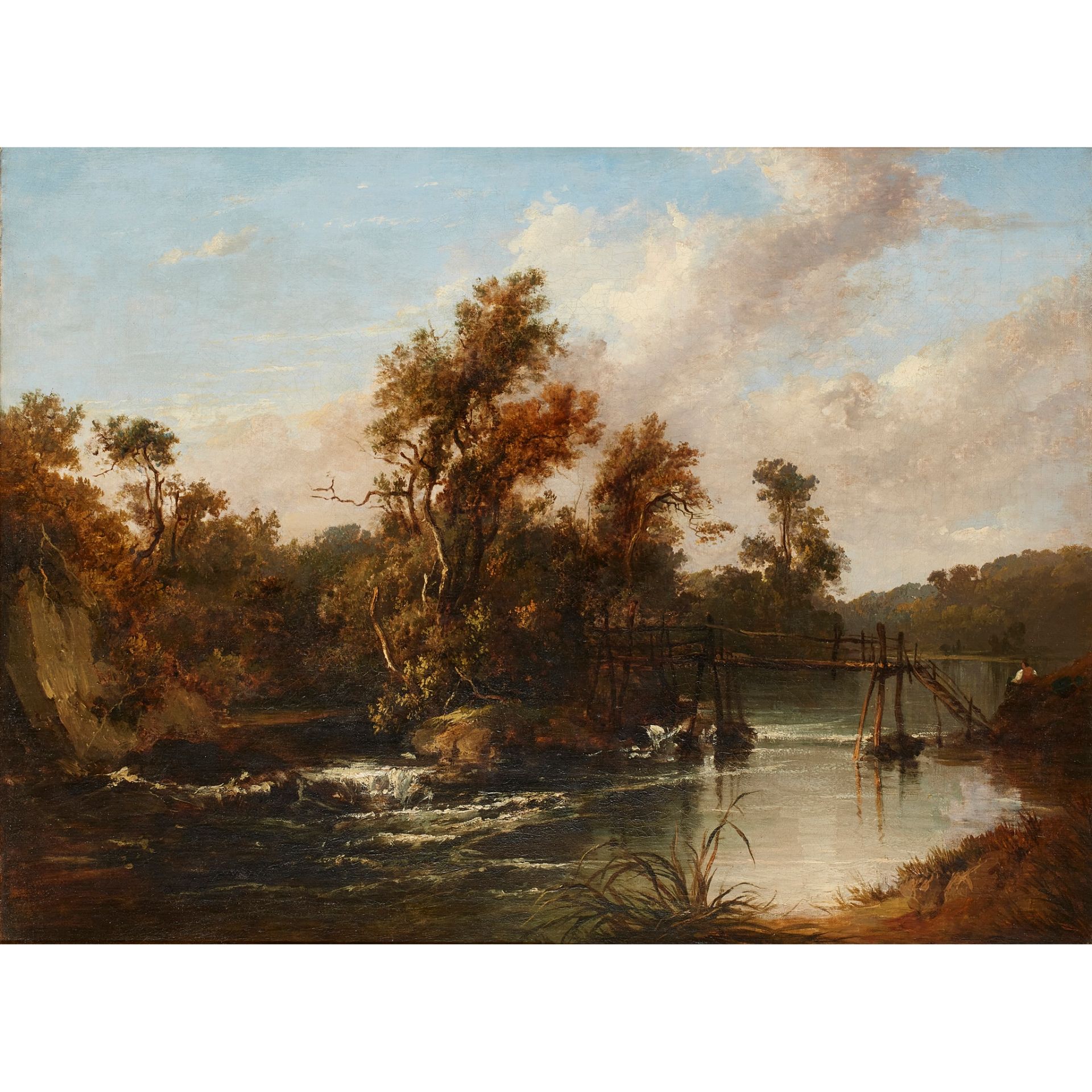 ATTRIBUTED TO PATRICK NASMYTH (SCOTTISH 1787-1831) A WOODED RIVER LANDSCAPE WITH FIGURE BY A