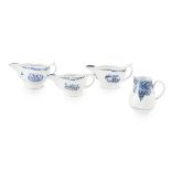 THREE ENGLISH BLUE AND WHITE PORCELAIN SAUCE BOATS 18TH CENTURY