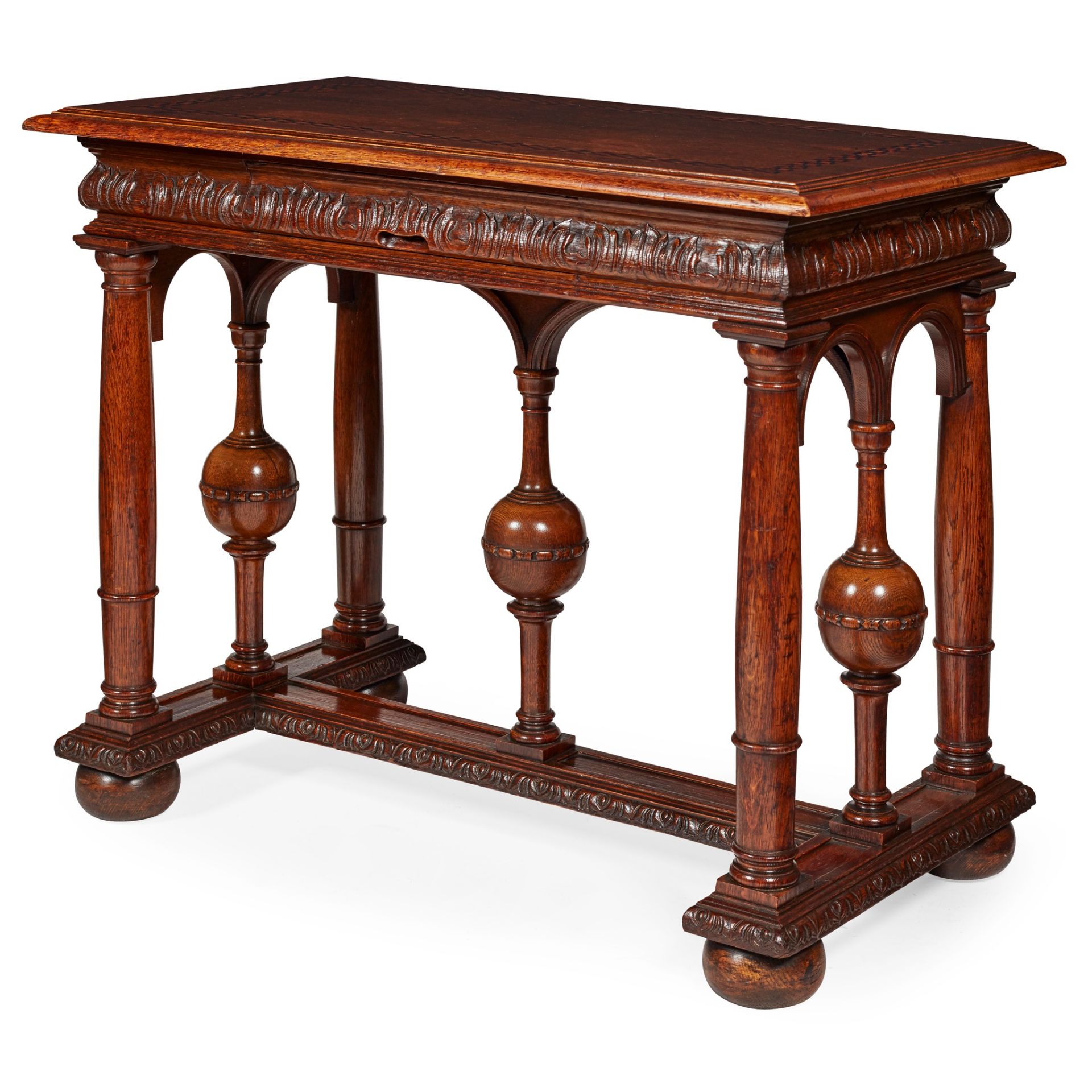 JACOBEAN STYLE OAK INLAID CENTRE TABLE 19TH CENTURY