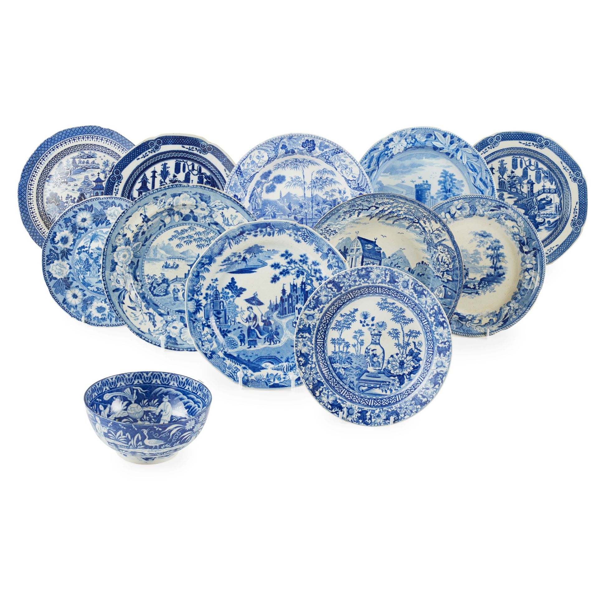 COLLECTION OF ENGLISH BLUE AND WHITE TRANSFER WARES EARLY 19TH CENTURY