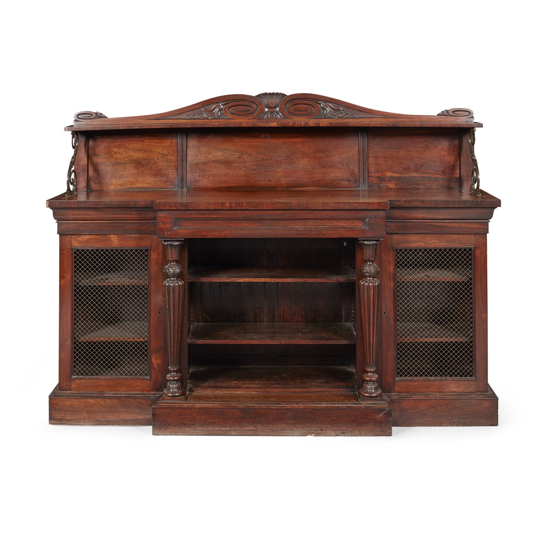 Y REGENCY ROSEWOOD AND BRASS OPEN BOOKCASE, IN THE MANNER OF GILLOWS EARLY 19TH CENTURY