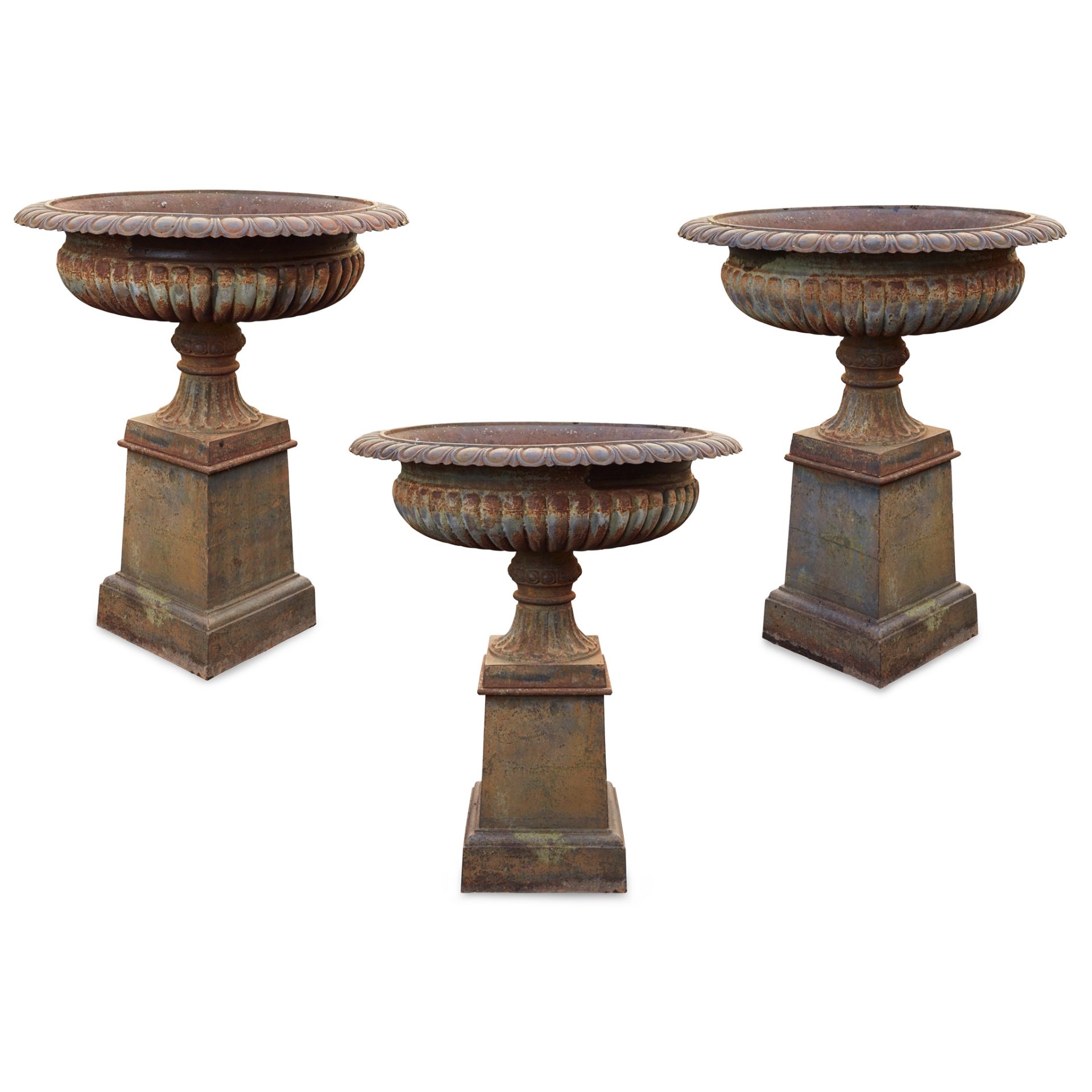 SET OF THREE LARGE CAST IRON GARDEN URNS AND PLINTHS 20TH CENTURY