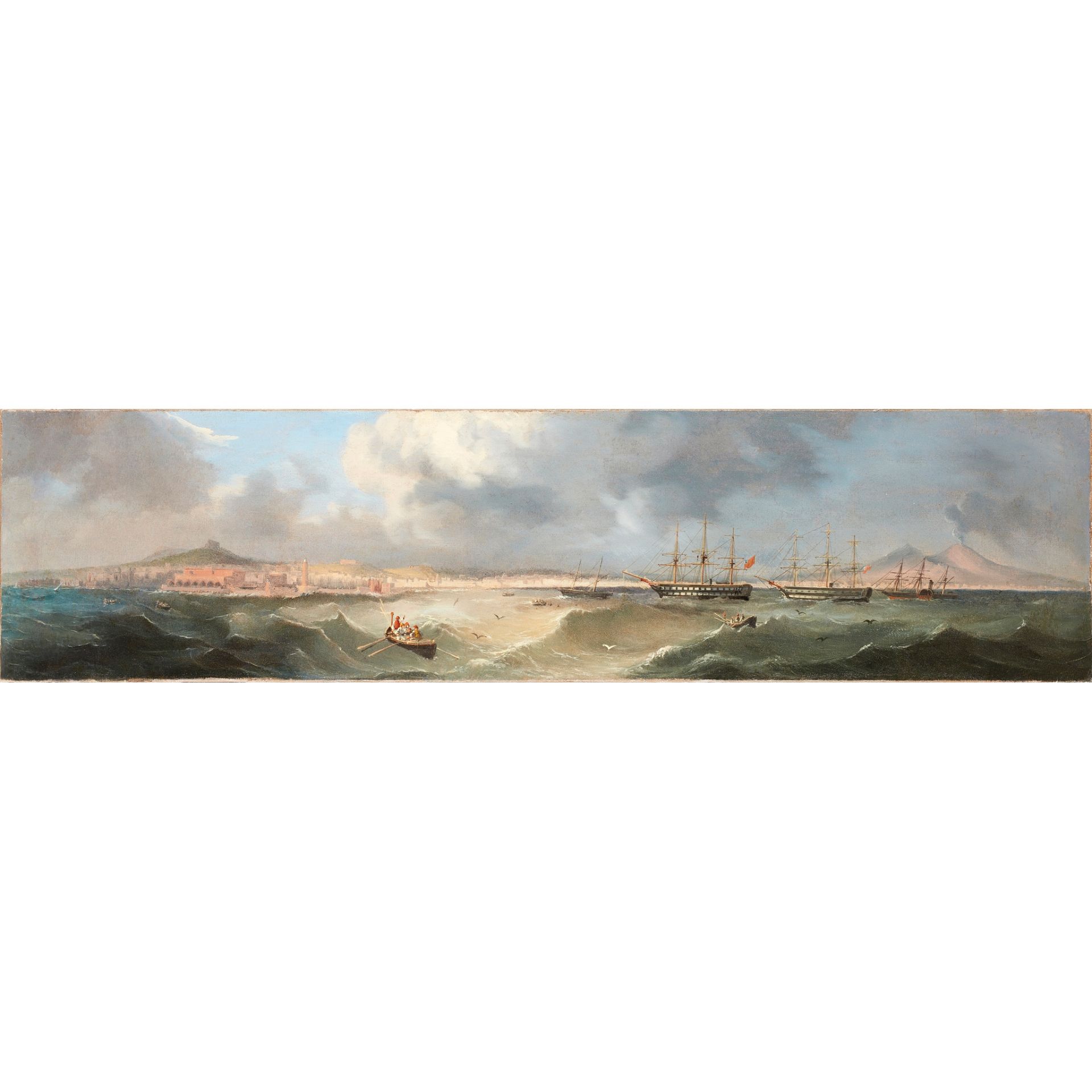 EARLY 19TH CENTURY NEOPOLITAN SCHOOL EXTENSIVE VIEW OF NAPLES AND VERSUVIUS WITH SHIPS AND A