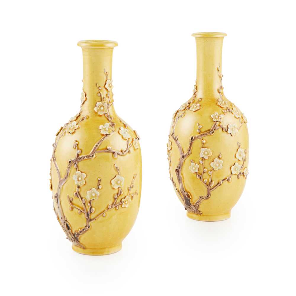 PAIR OF YELLOW-GLAZED 'PRUNUS' VASES QIANLONG MARK BUT LATER