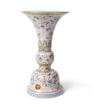 FAMILLE ROSE PINK GROUND 'GU' VASE QIANLONG MARK BUT 20TH CENTURY