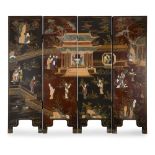 Y HARDSTONE INLAID AND LACQUER FOUR-FOLD SCREEN 19TH-20TH CENTURY
