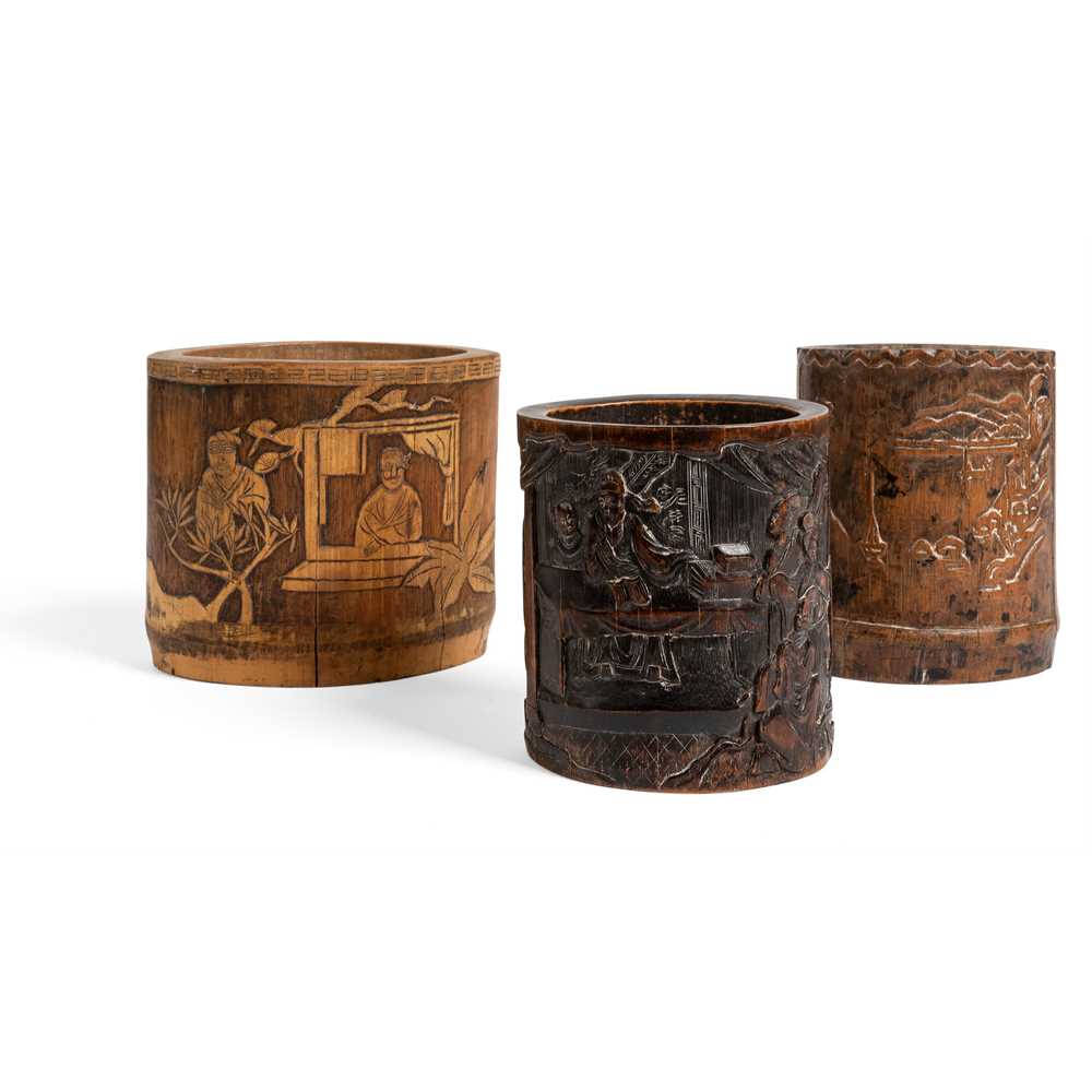 GROUP OF THREE BAMBOO BRUSH POTS 19TH-20TH CENTURY