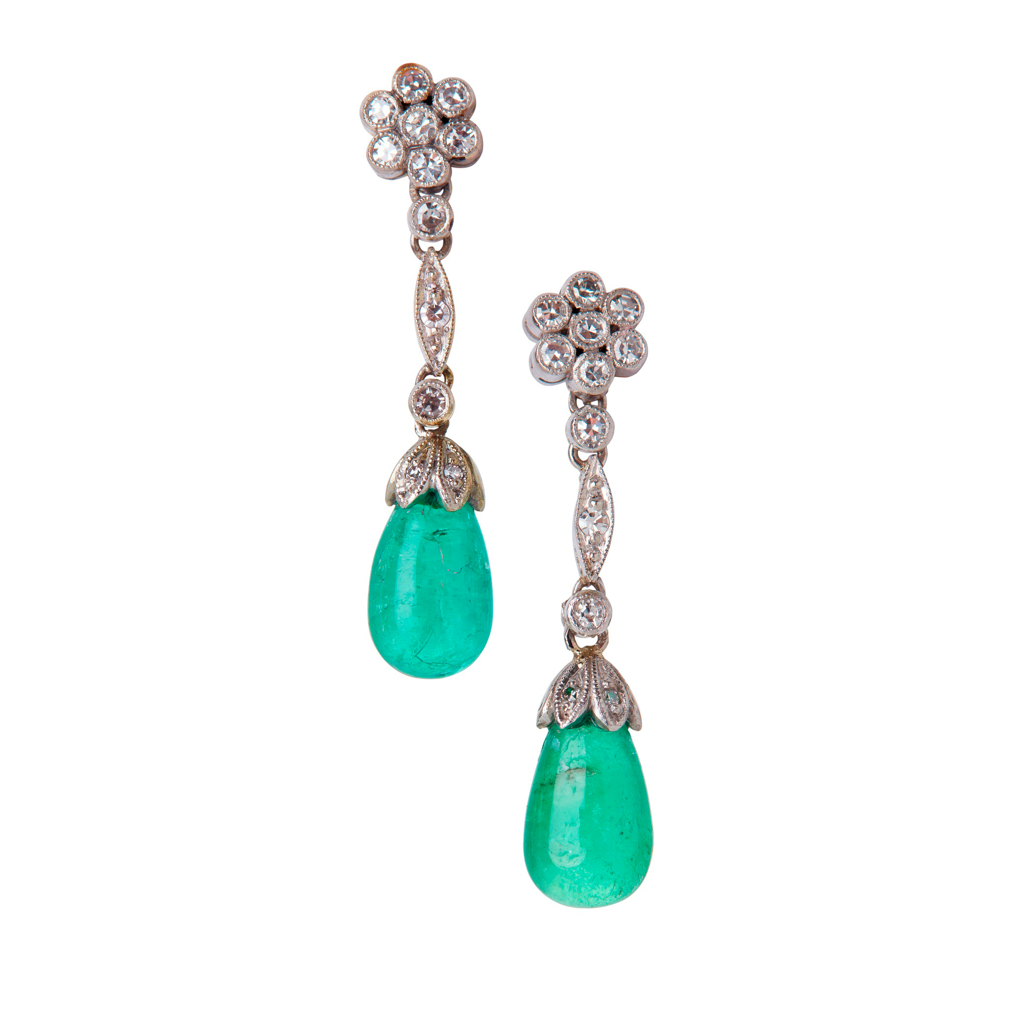 A pair of emerald and diamond set pendant earrings