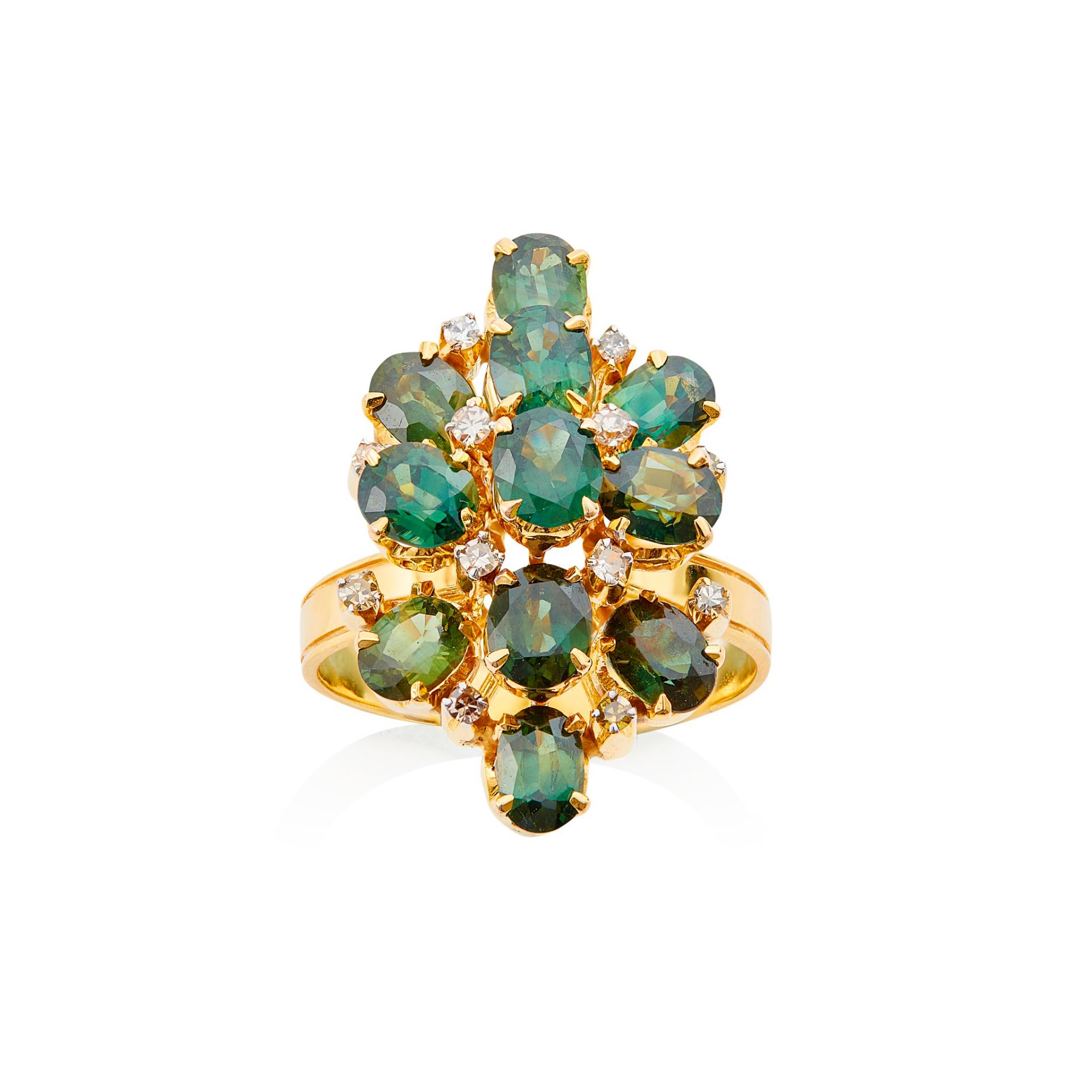 A green sapphire and diamond set cluster ring