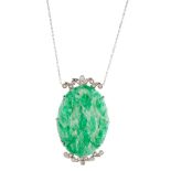 A jade and diamond set pendant necklace
