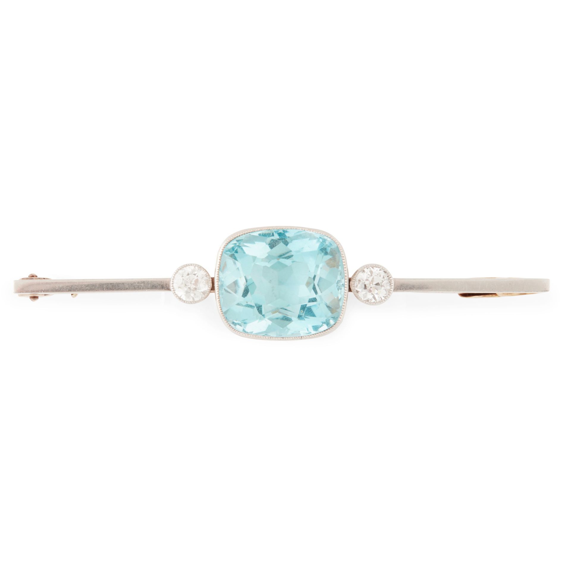 An aquamarine and diamond set bar brooch