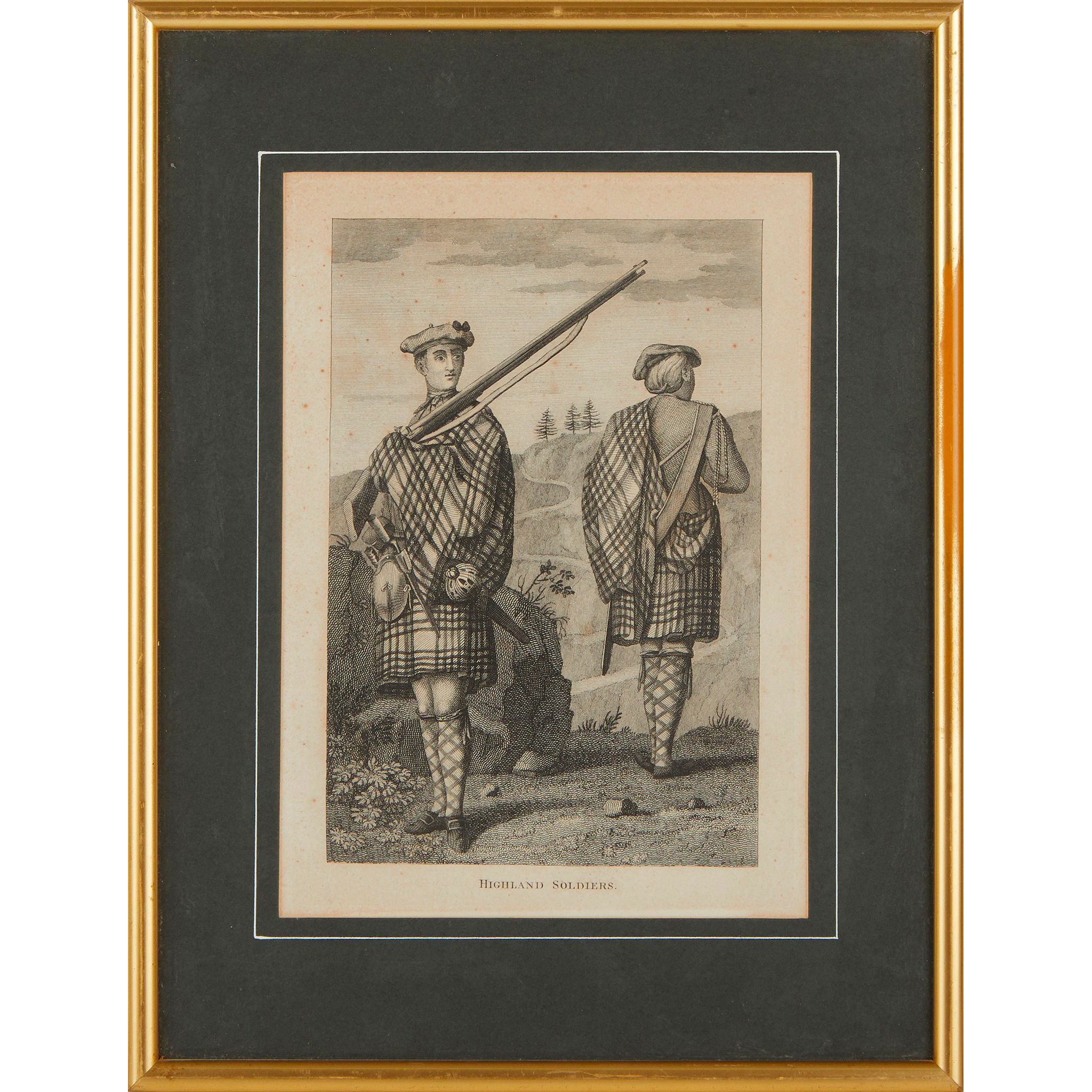 Two framed 18th century engravings of Highland soldier - Image 2 of 2