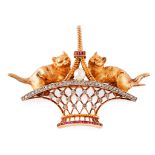 A multi-gem set basket and cat brooch